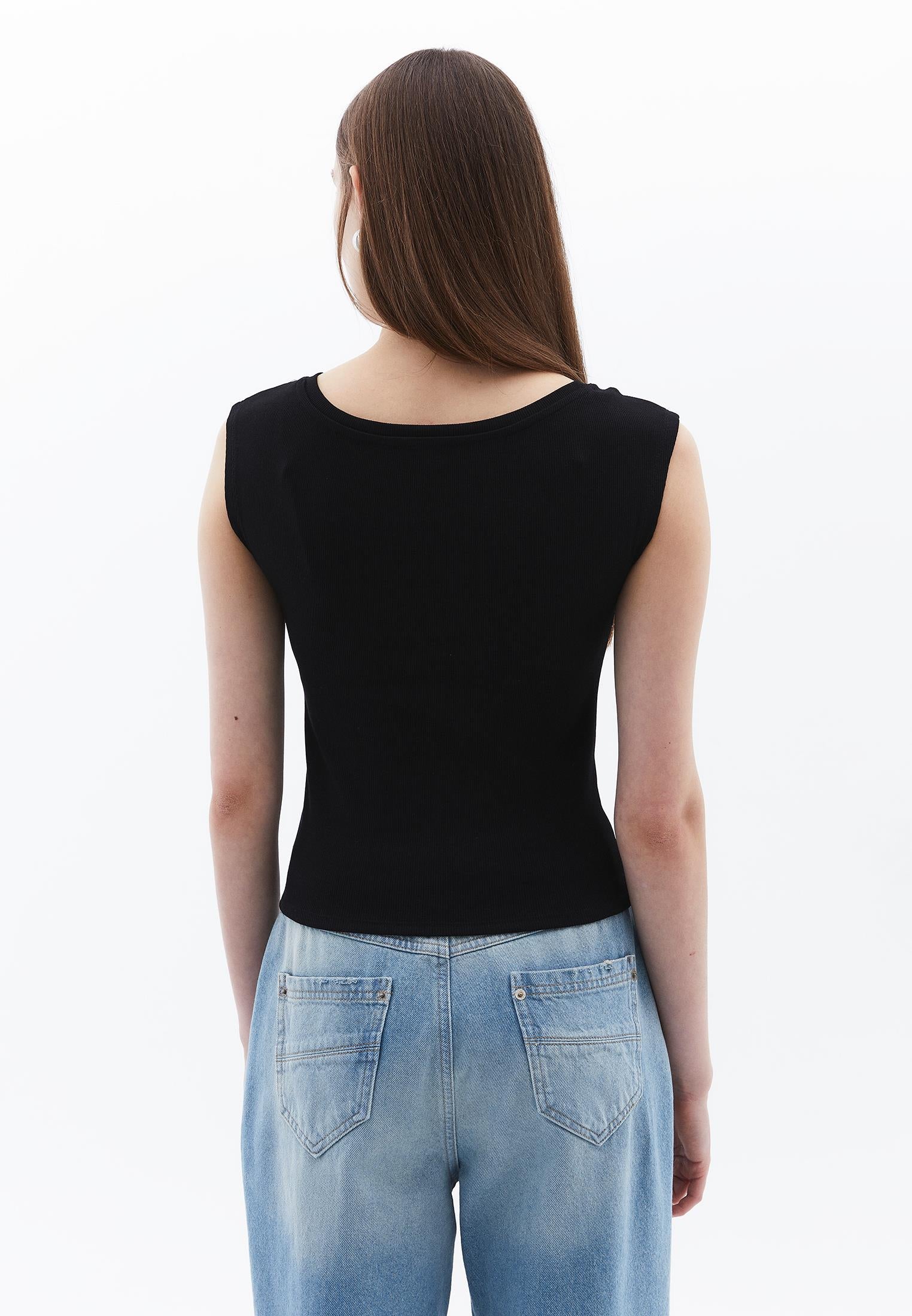 Boat Neck Short Sleeve T-Shirt - BLACK