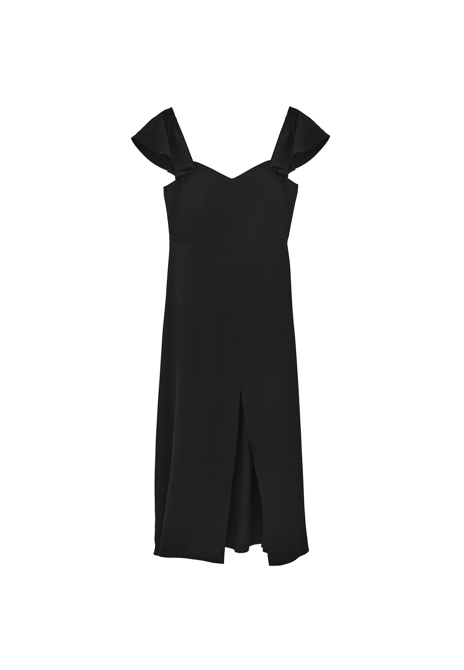 Sweetheart Neck Slit Detailed Midi Dress - BLACK