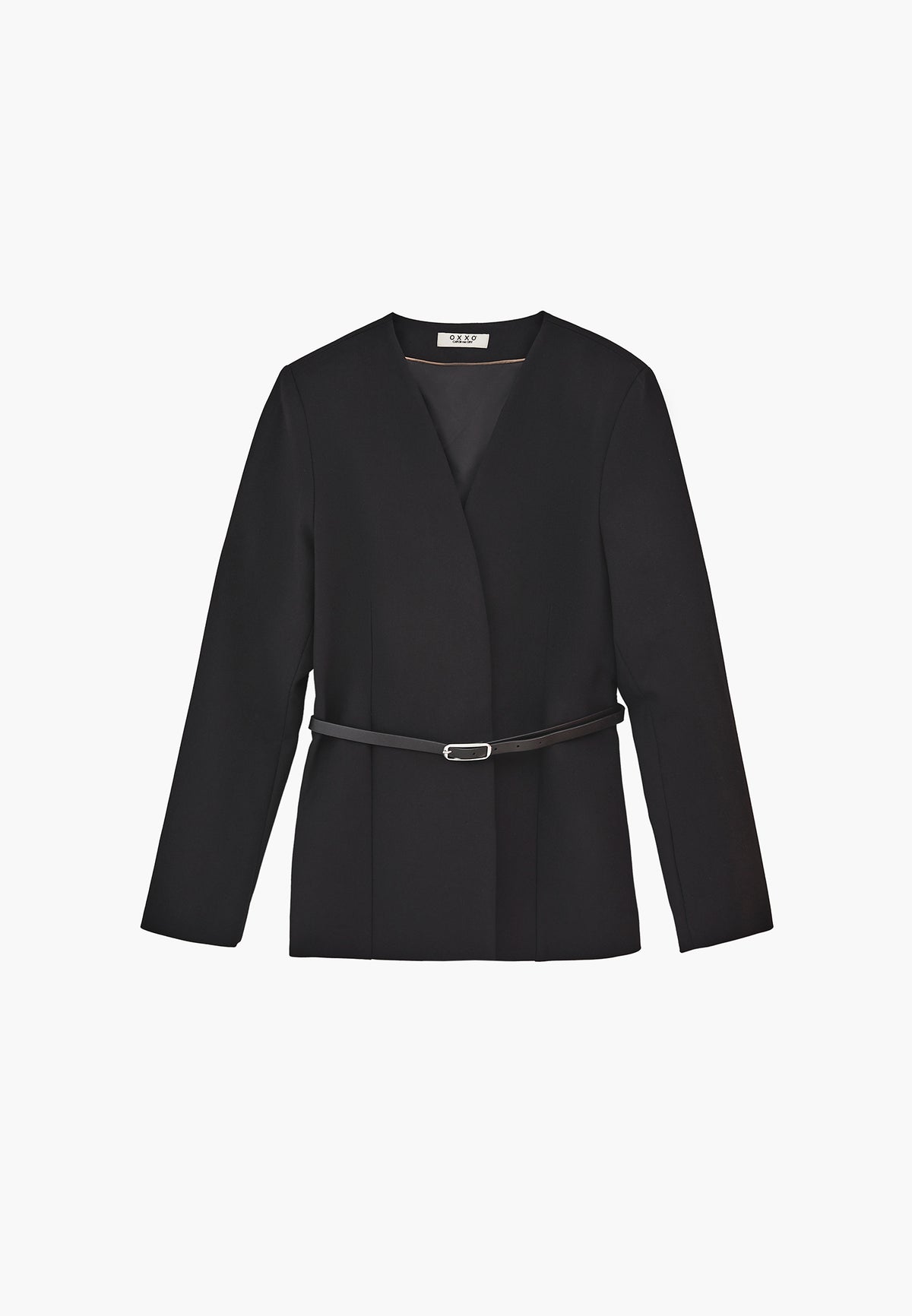 V-Neck Blazer Jacket With Belt Detail - BLACK