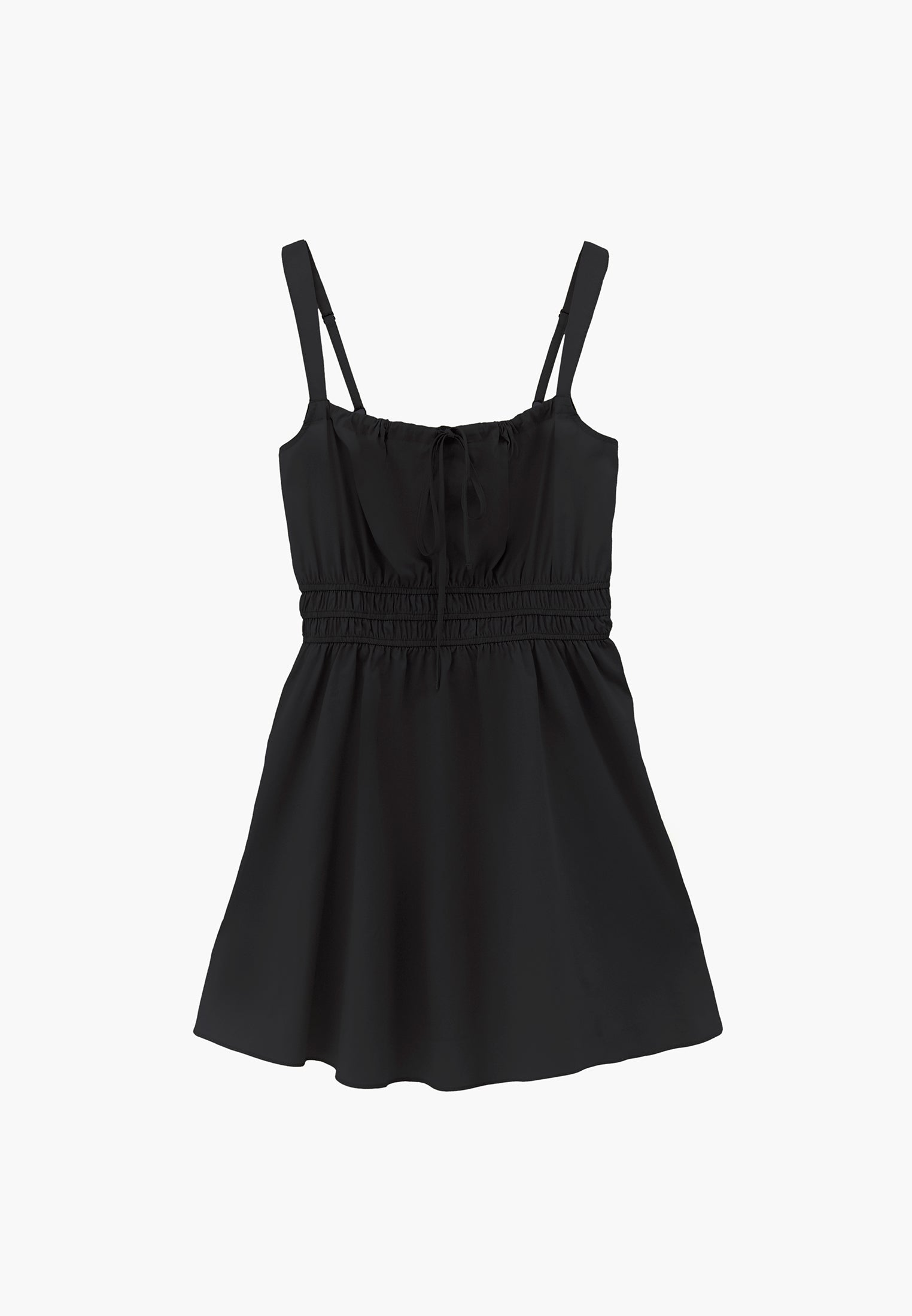 Strappy Square Neckline Short Dress With Bow And Gathered Details - BLACK