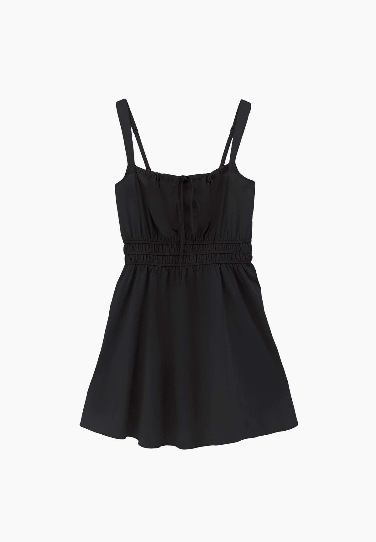 Strappy Square Neckline Short Dress With Bow And Gathered Details - BLACK