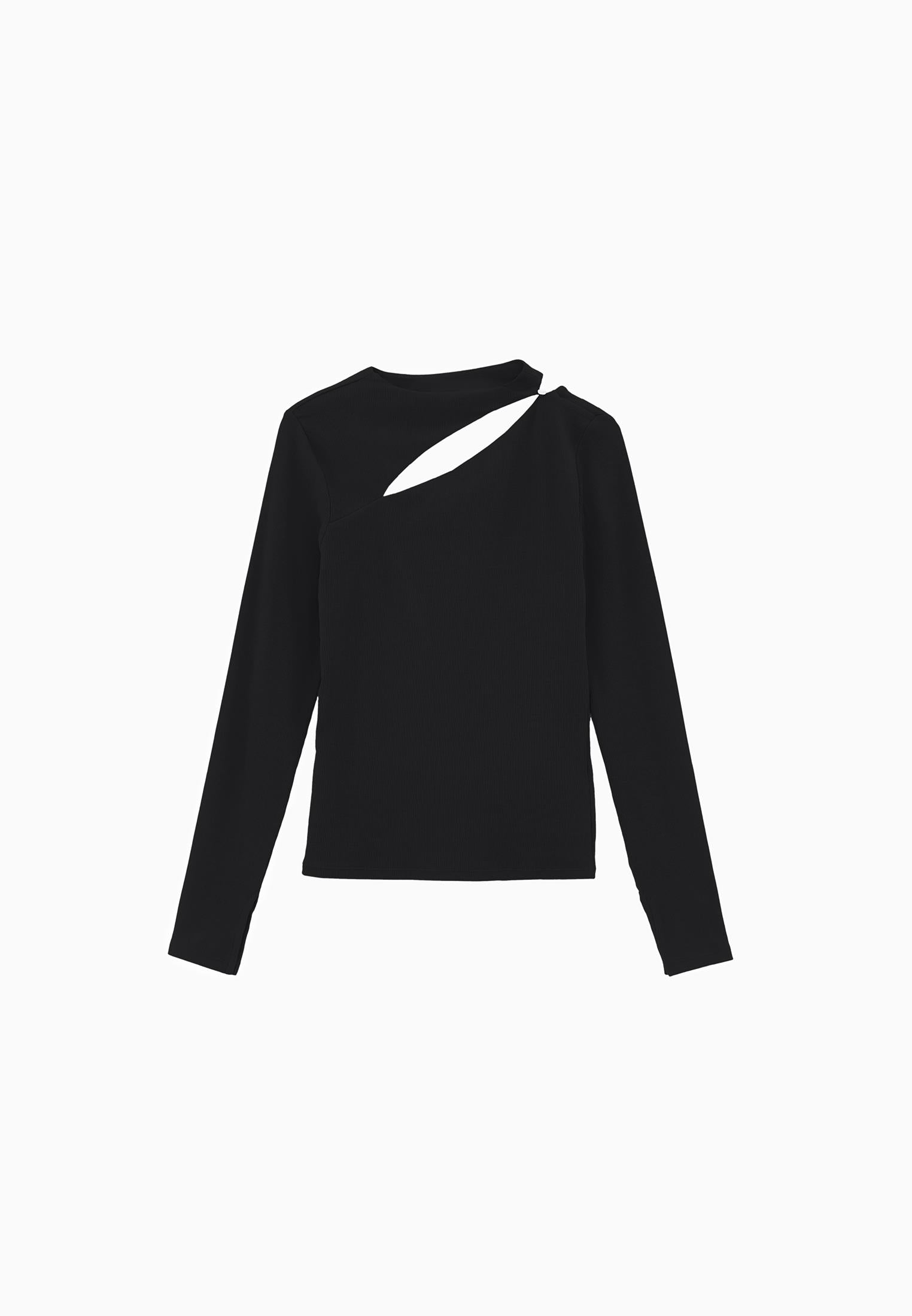 Asymmetric Cutout Long Sleeve Bodycon T-Shirt - BLACK