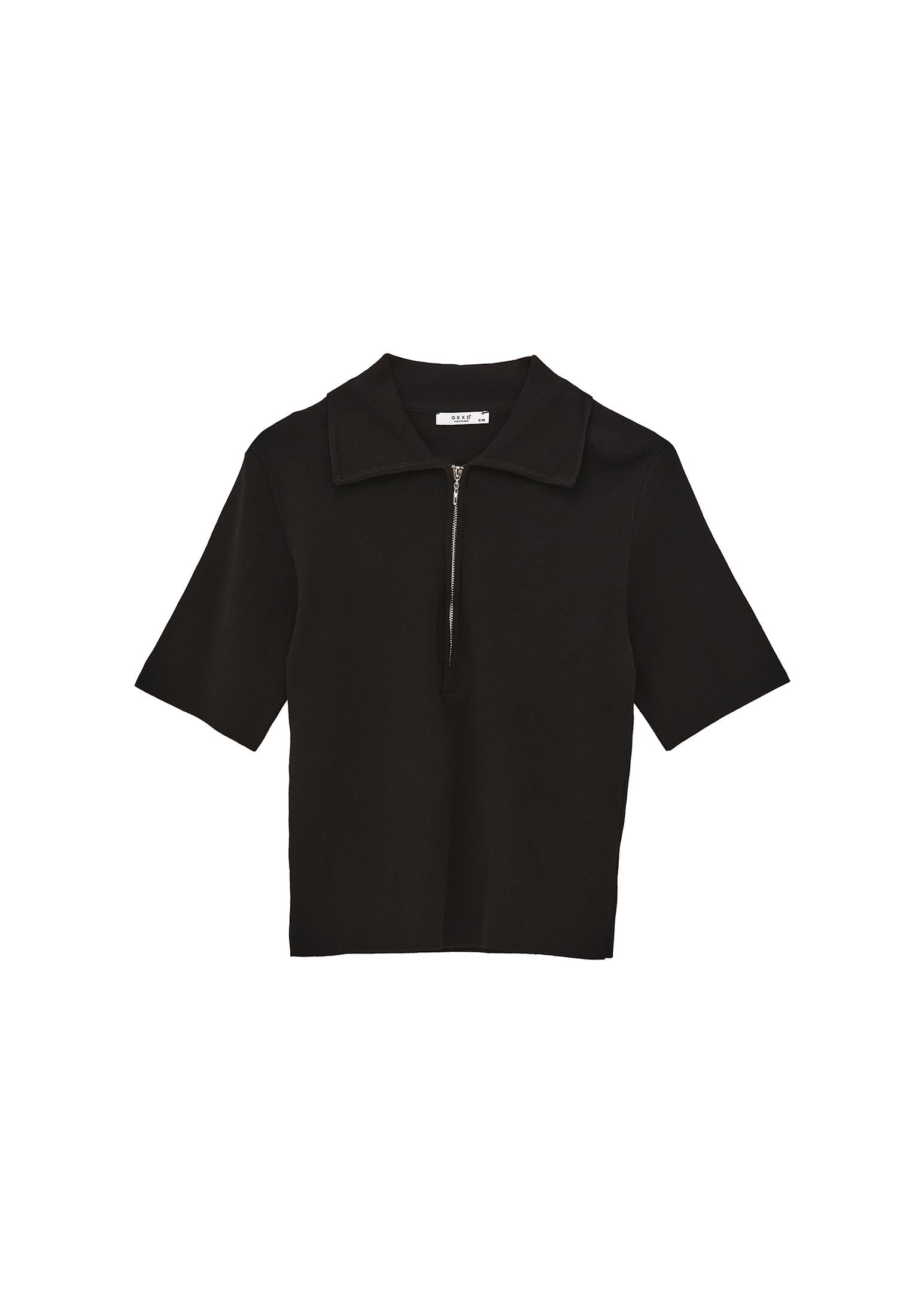 Polo Collar Zipper Detailed Standard T-Shirt - BLACK