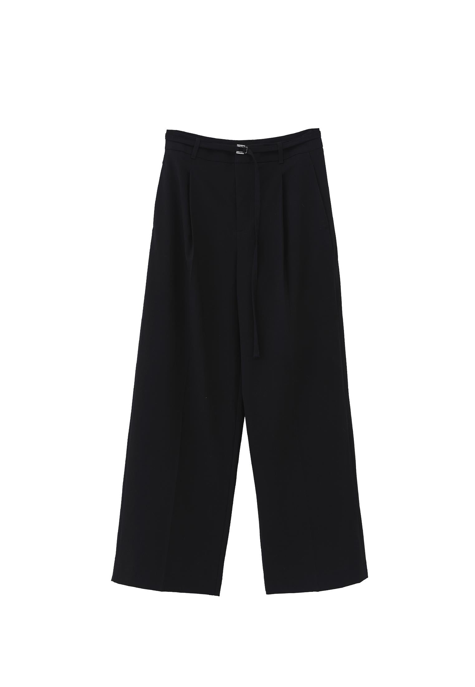 Straight Pants With Belt Detail - BLACK