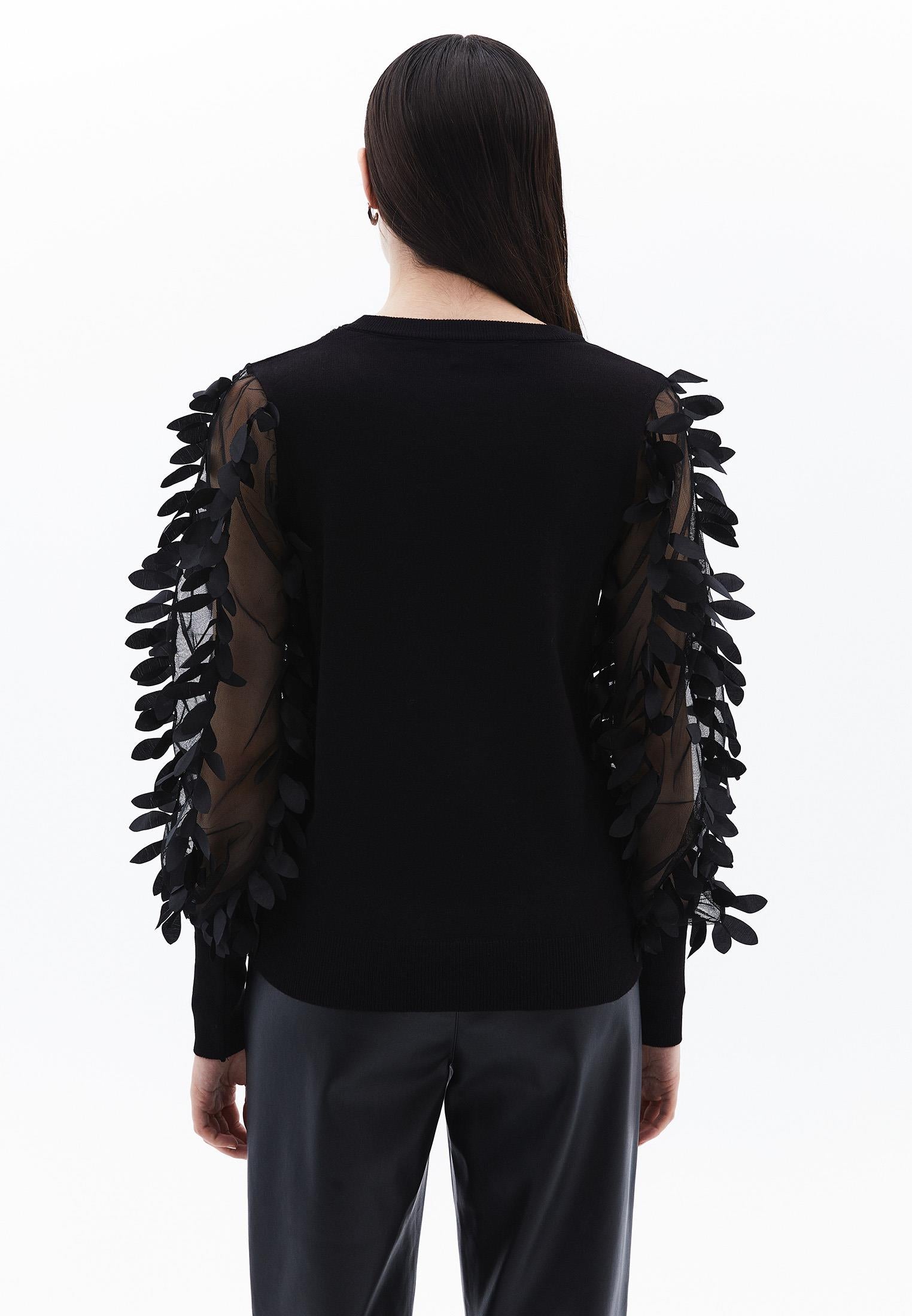 Transparent Crew Neck Standard Knit Sweater - BLACK