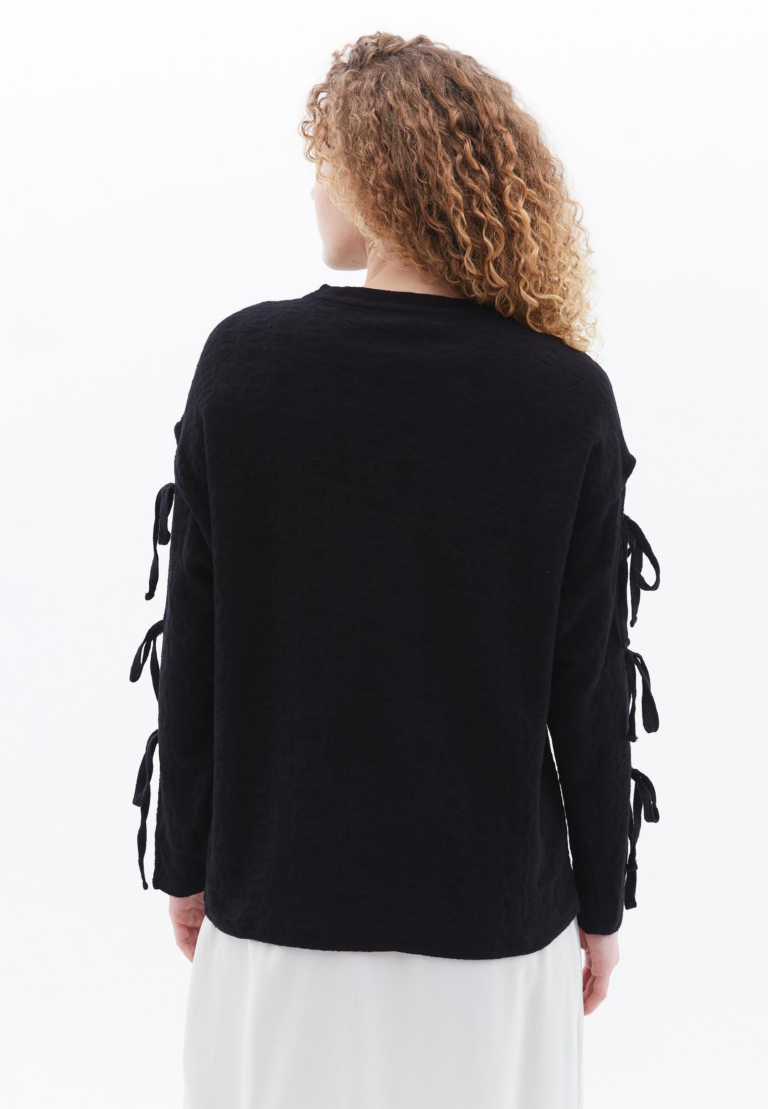 Crew Neck Long Sleeve Detailed Sweatshirt - BLACK
