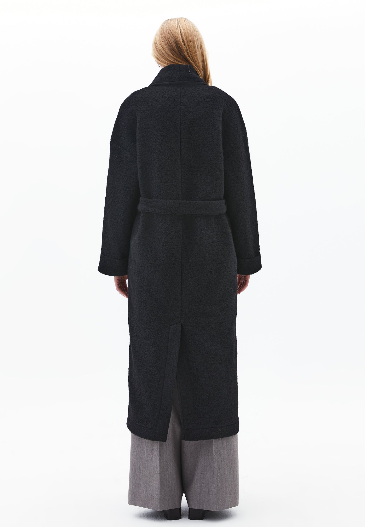Long Coat With Shawl Collar And Belt Detail - BLACK