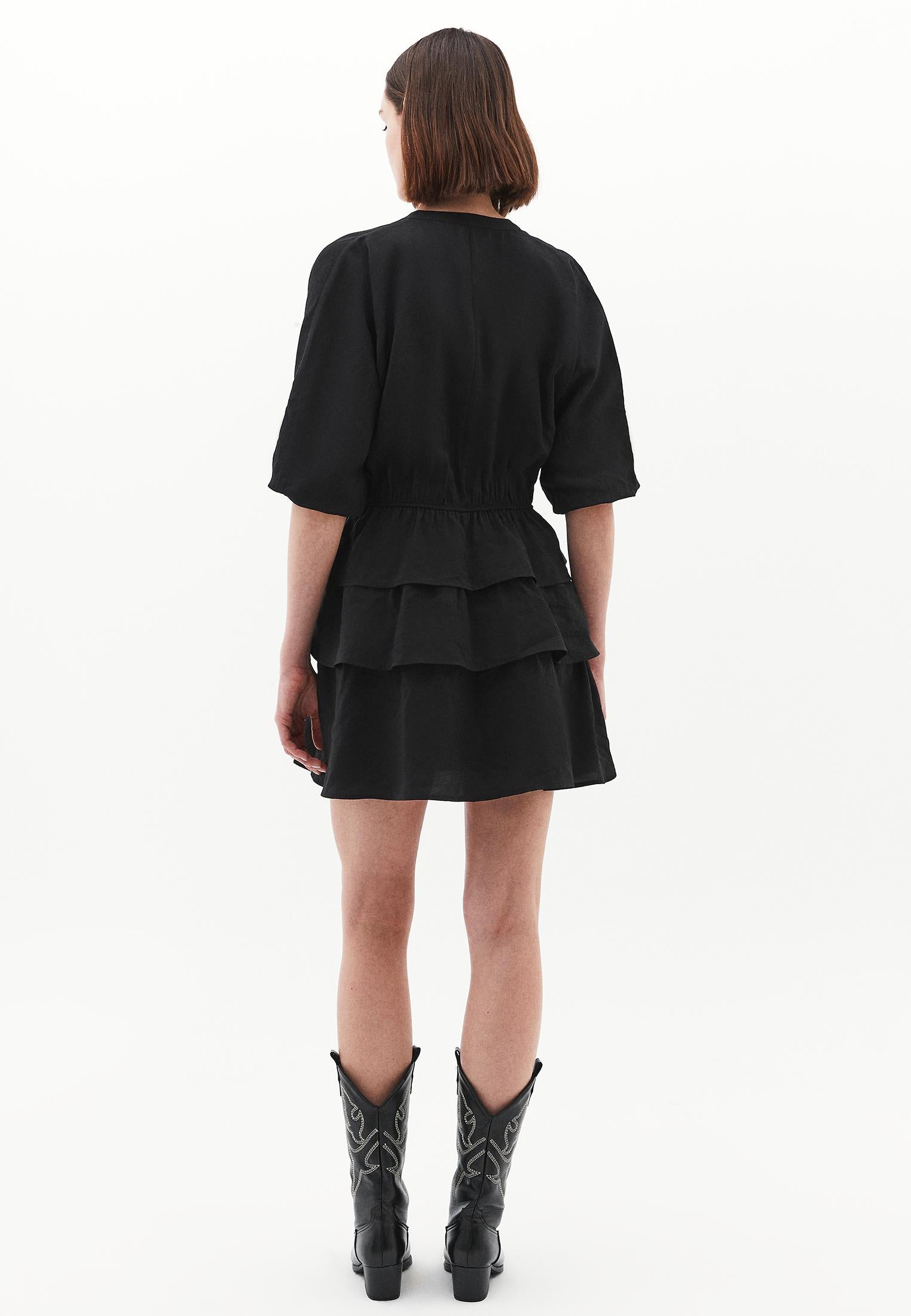 Draped V Neck Dress - BLACK