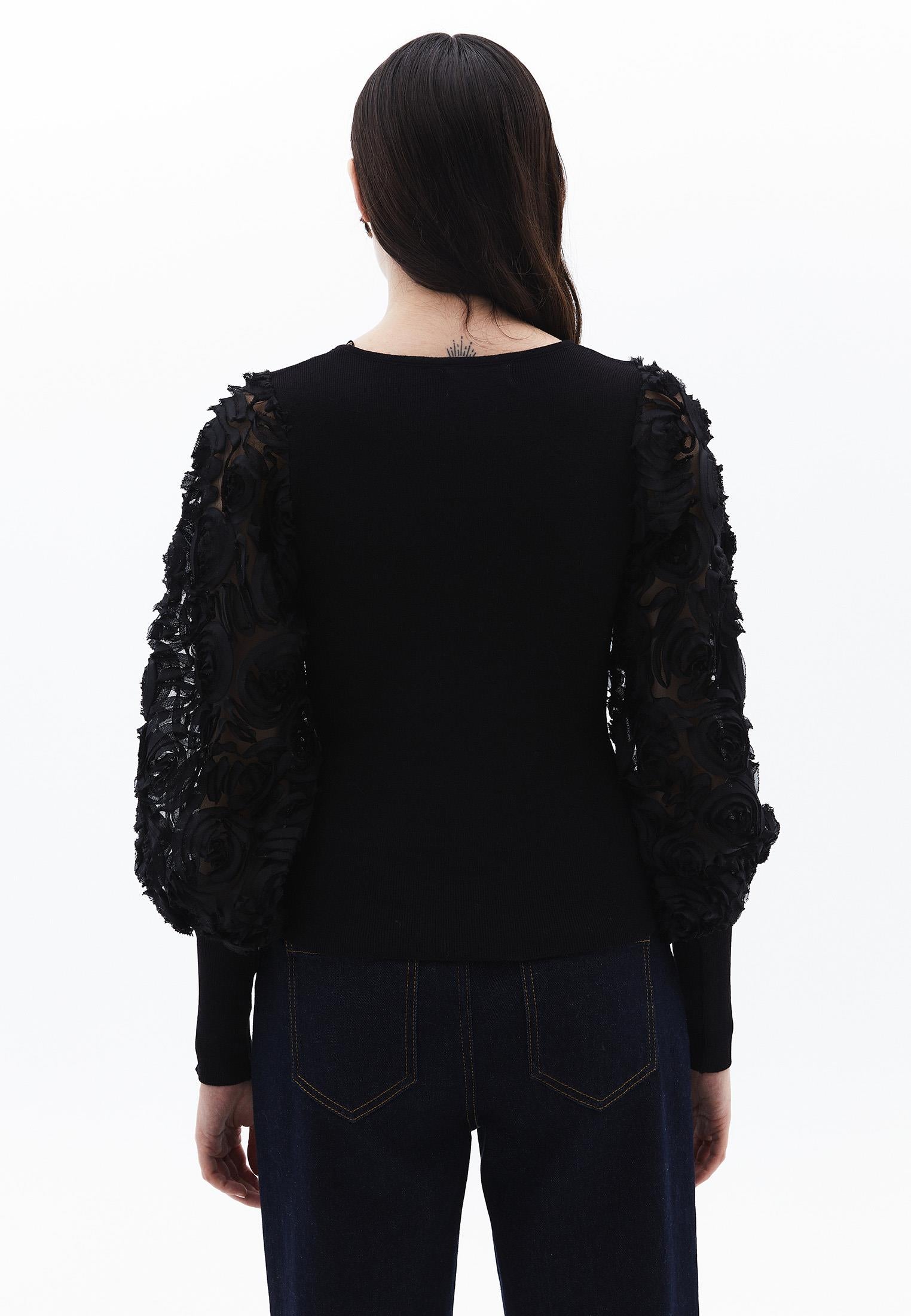 U Neck Long Sleeve Embroidered Sweater - BLACK