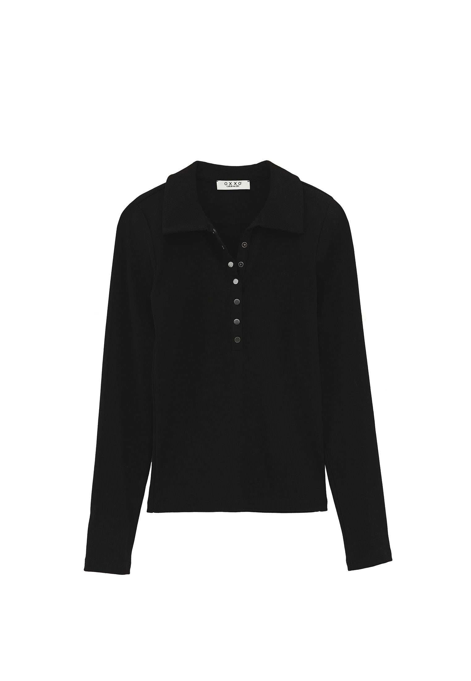 Polo Collar Long Sleeve Bodycon T-Shirt - BLACK