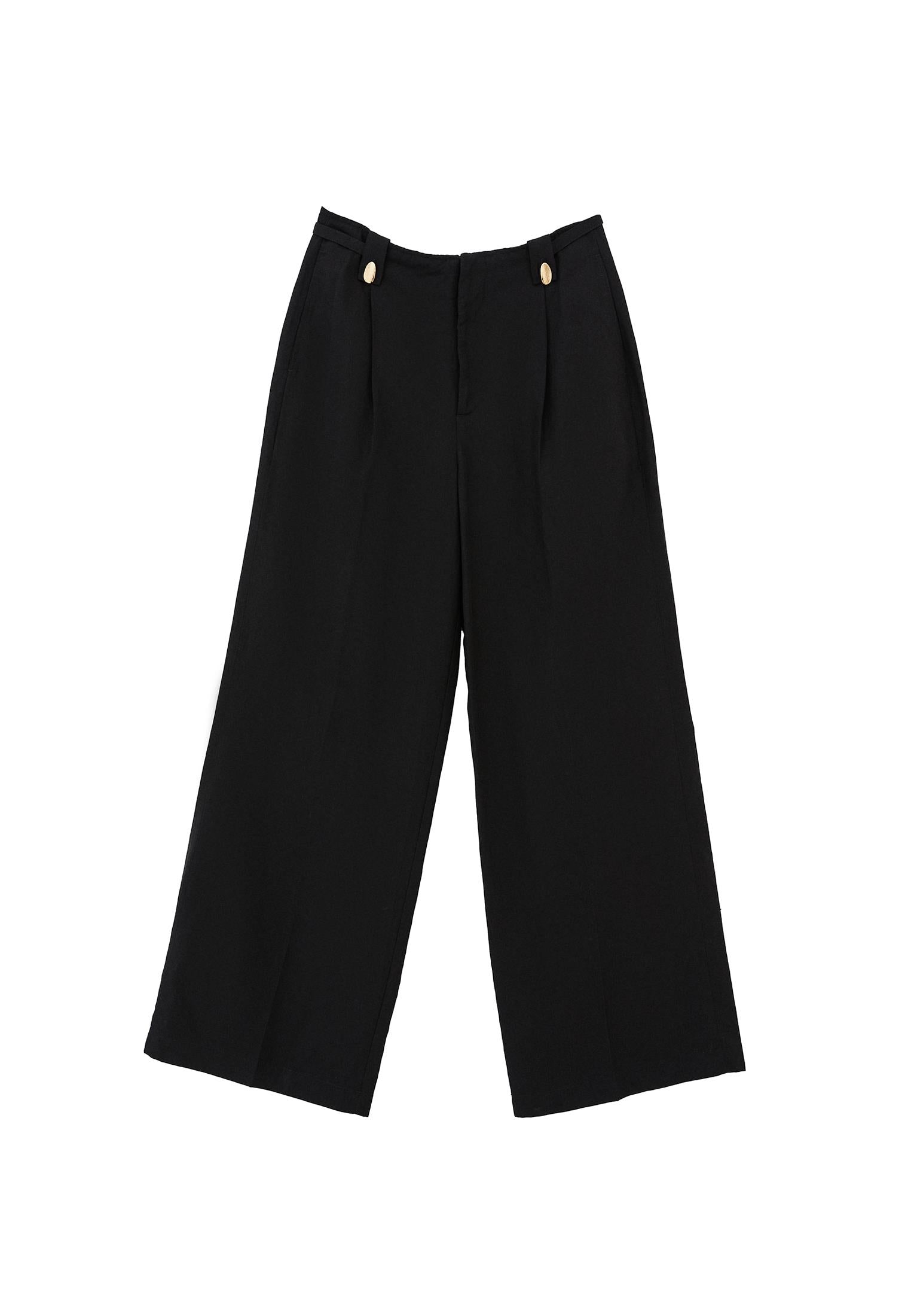 Wide Leg High Waist Button Detailed Pants - BLACK
