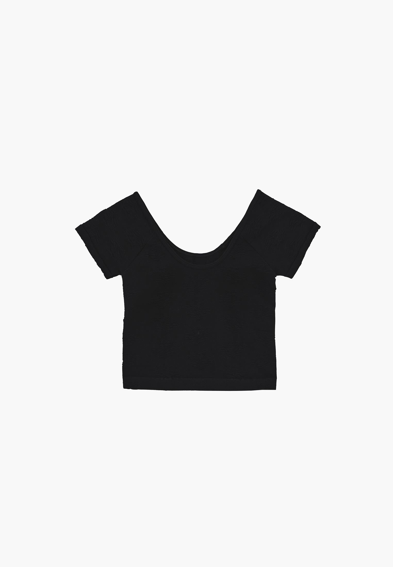 Wide Neck Short Sleeve Bodycon T-Shirt - BLACK