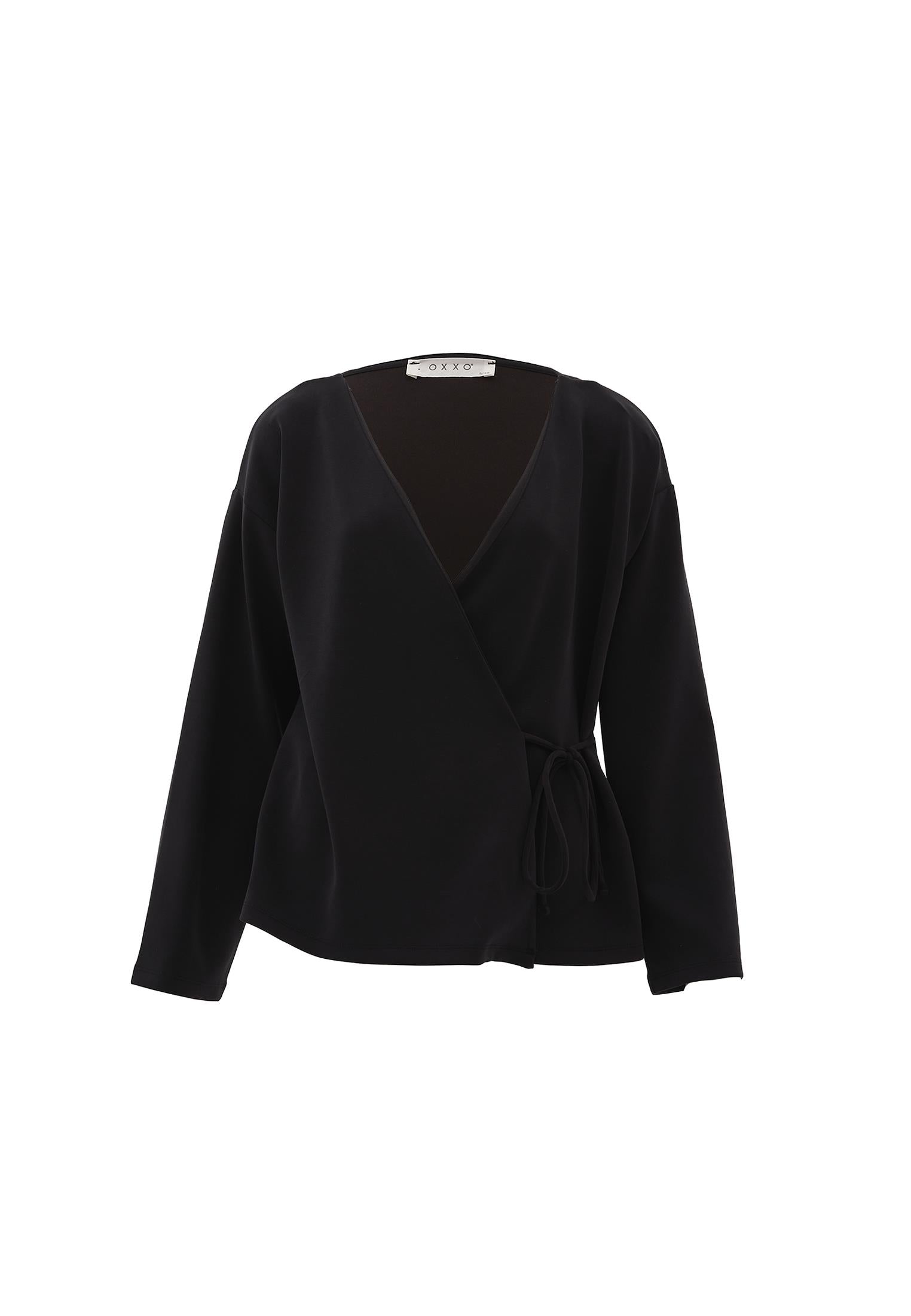 Long Cardigan With Wrap Neckline - BLACK