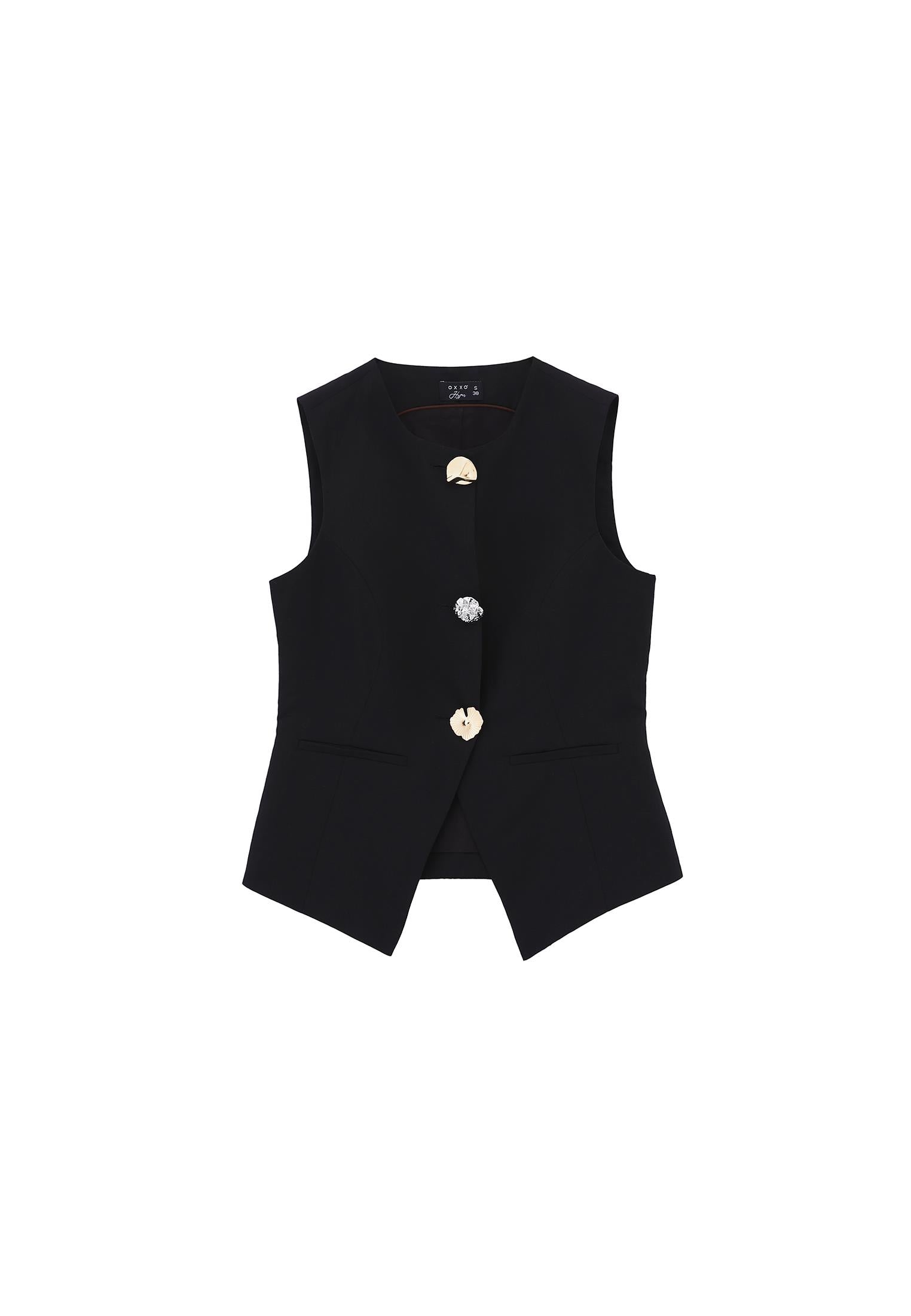 Sleeveless Vest With Button Details - BLACK