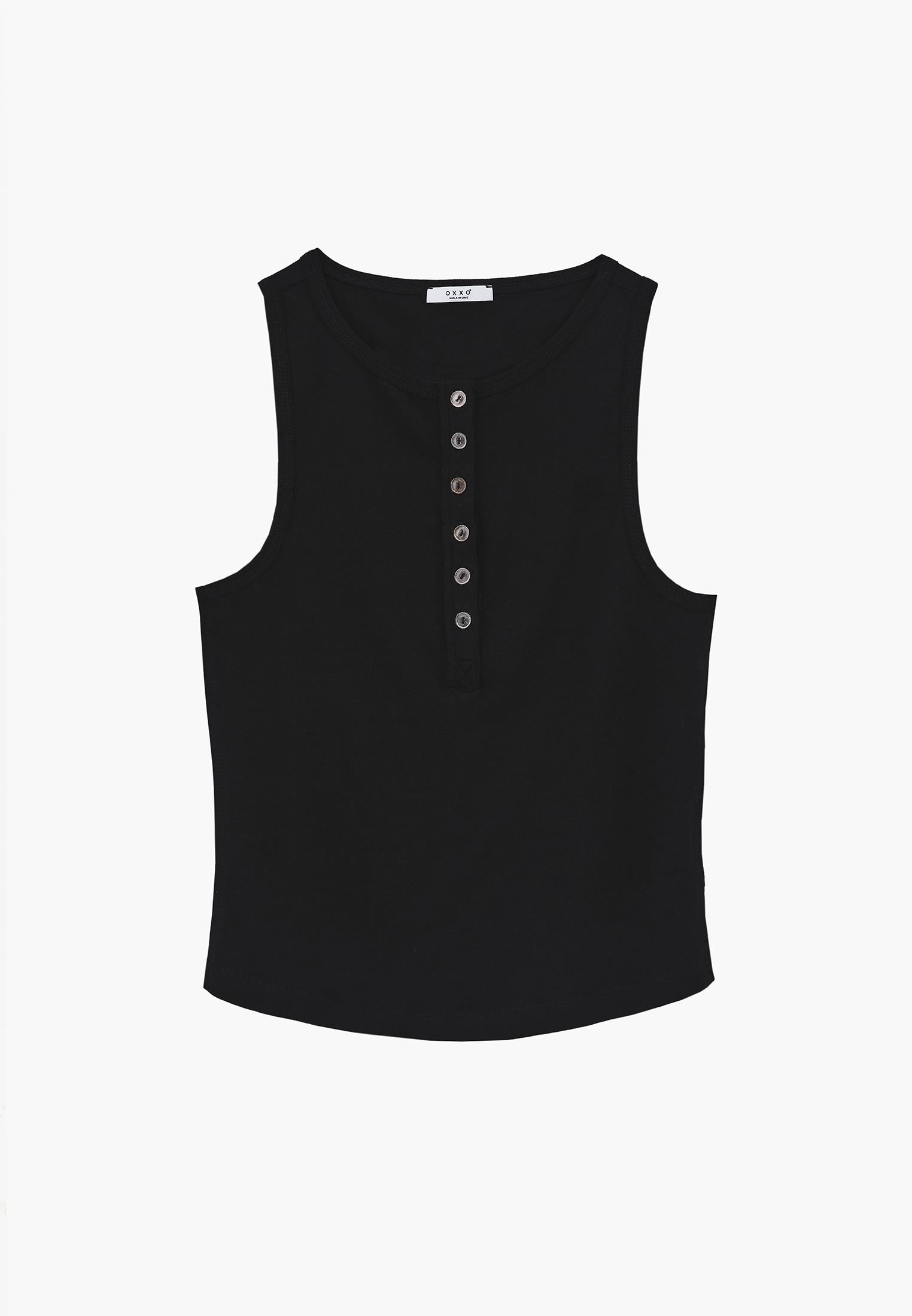Crew Neck Button Detailed Tank Top - BLACK