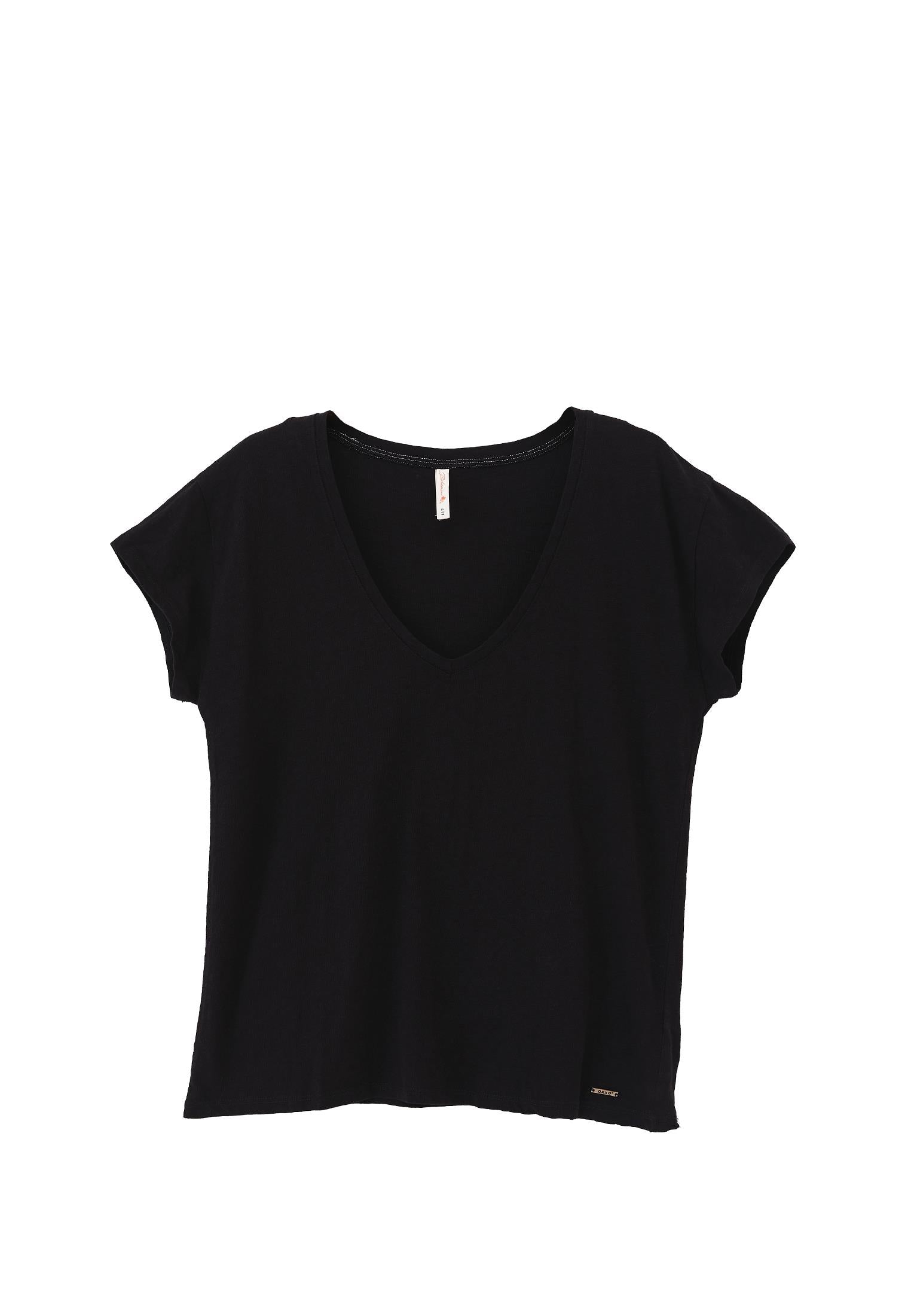 V Neck Linen T-Shirt - BLACK