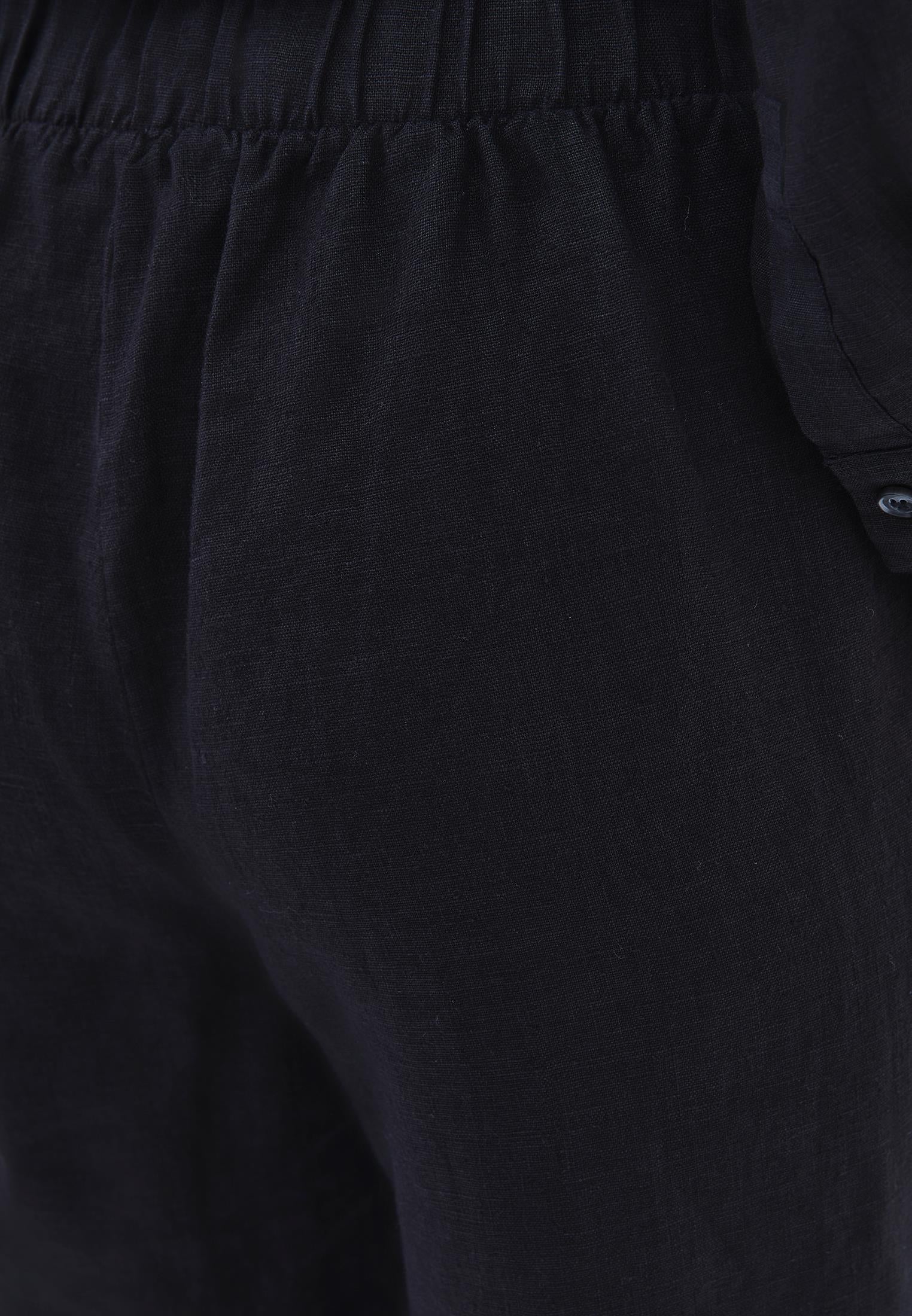 High Waist Belted Linen Wide Leg Pants - BLACK