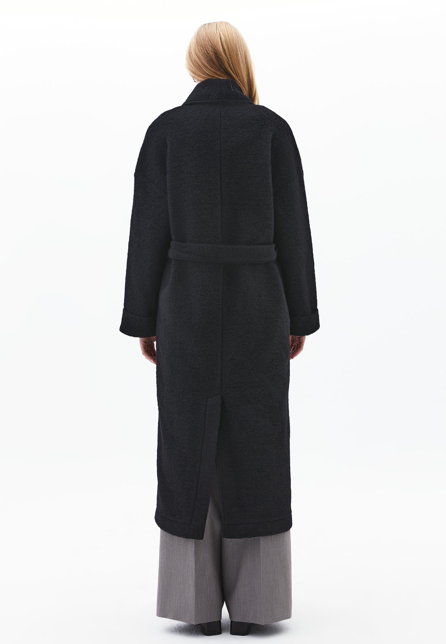 Long Coat With Shawl Collar And Belt Detail - BLACK