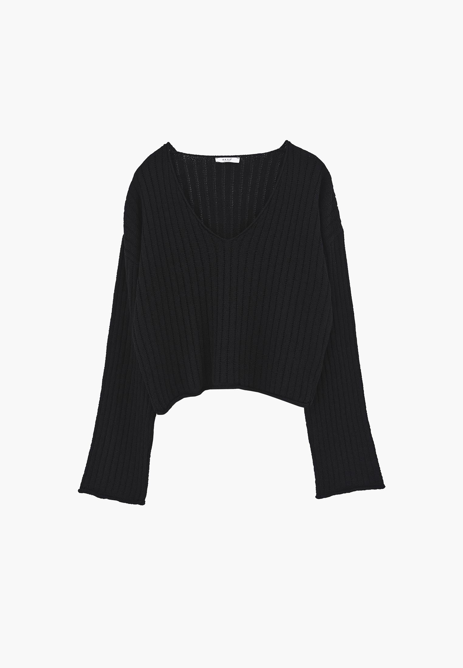 Ribbed V-Neck Long Sleeve Sweater - BLACK