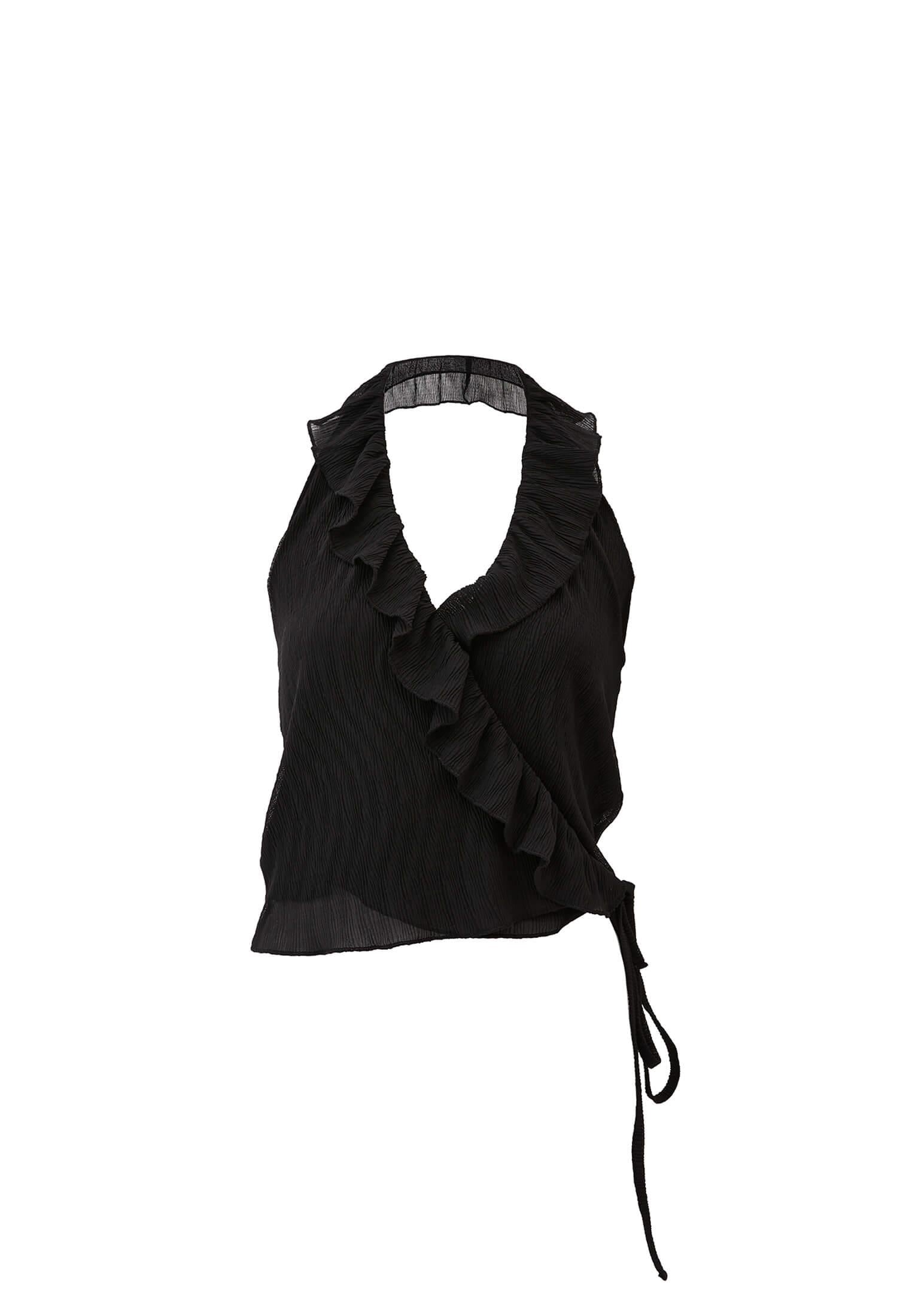 V Neck Sleeveless Ruffled Detailed Blouse - BLACK