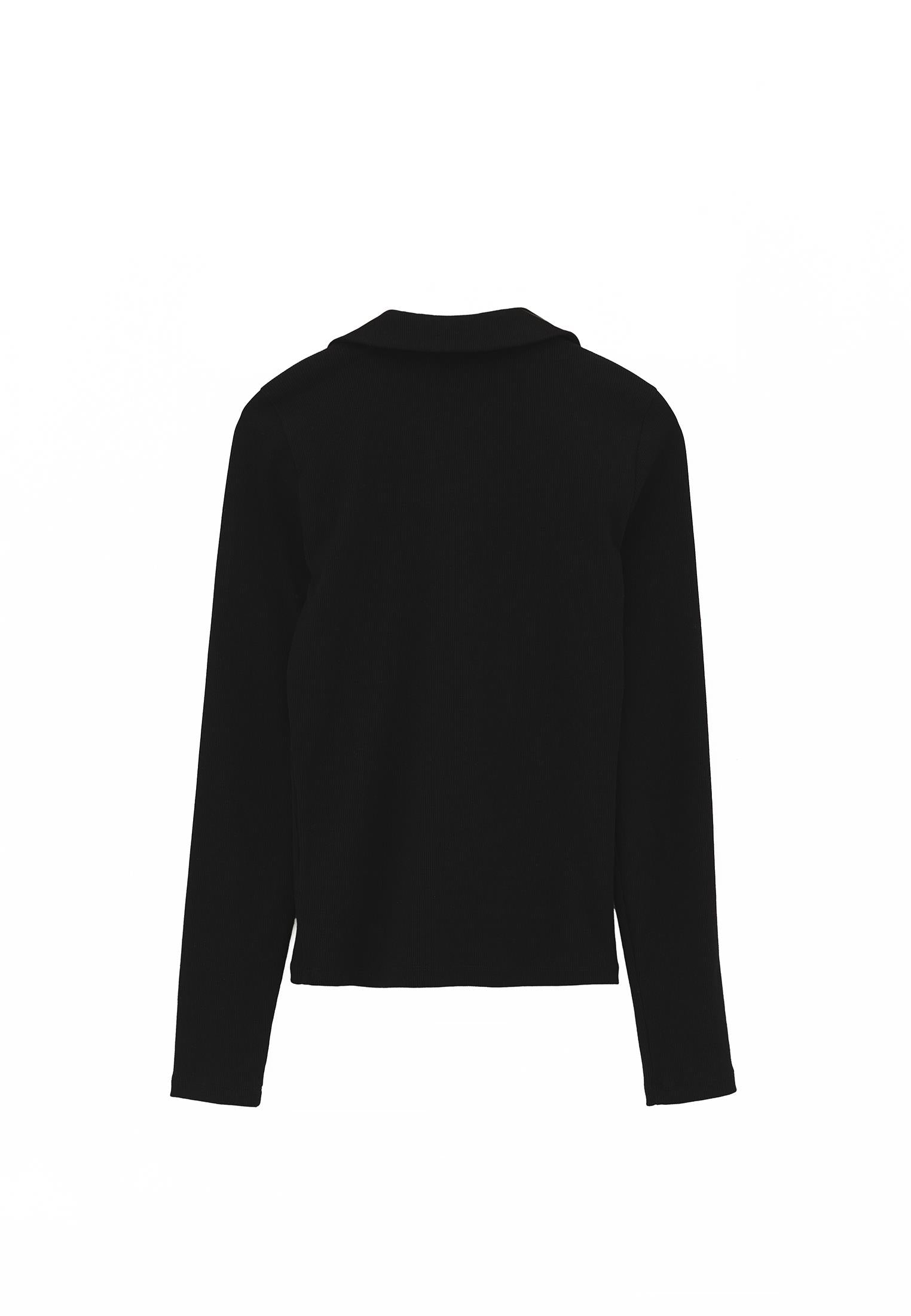 Polo Collar Long Sleeve Bodycon T-Shirt - BLACK