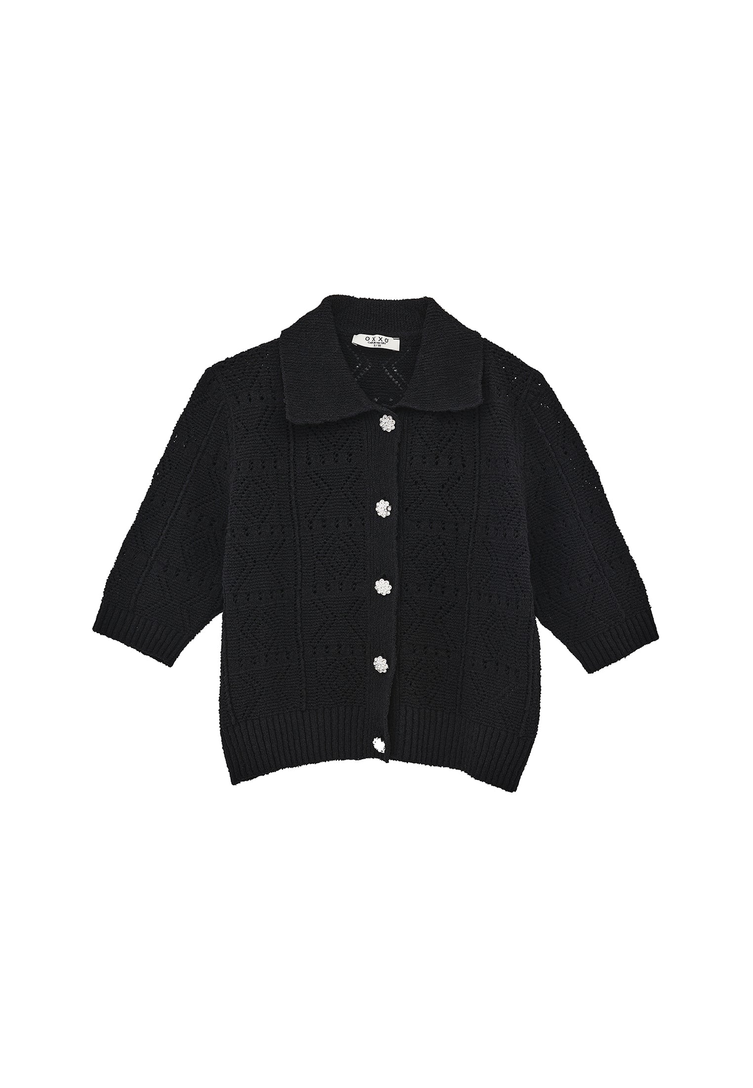 Ajour Short Cardigan With Polo Collar - BLACK