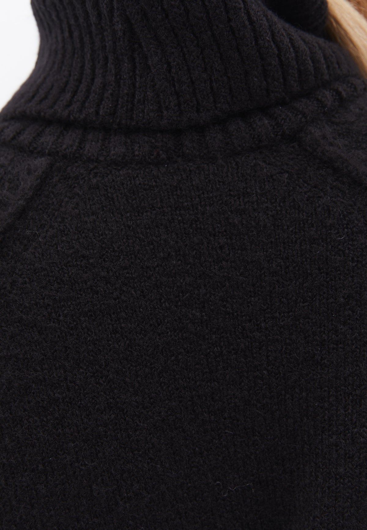 Turtleneck Raglan Sleeve Ribbed Knitwear - BLACK