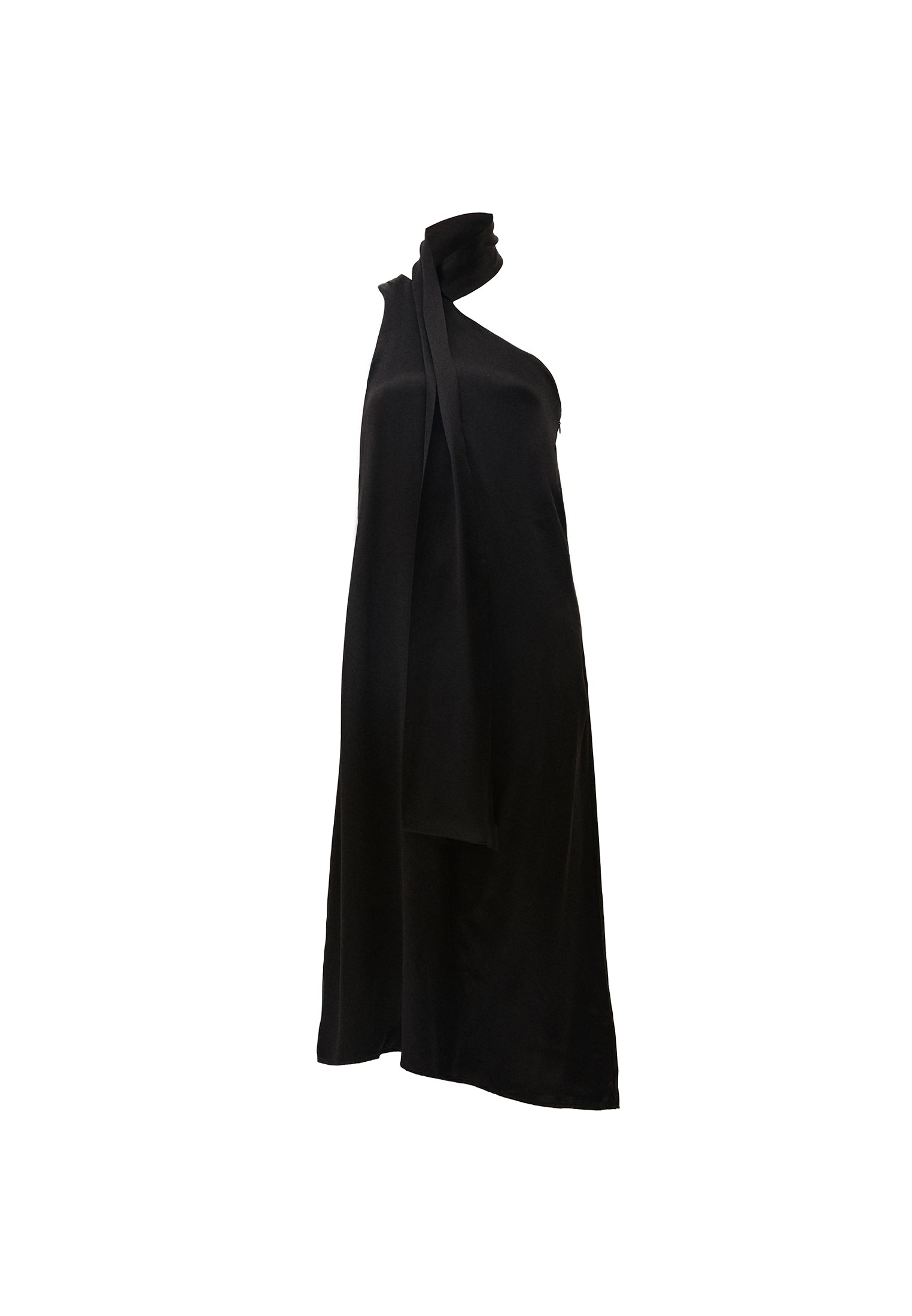 Asymmetric Collar Viscose Dress - BLACK