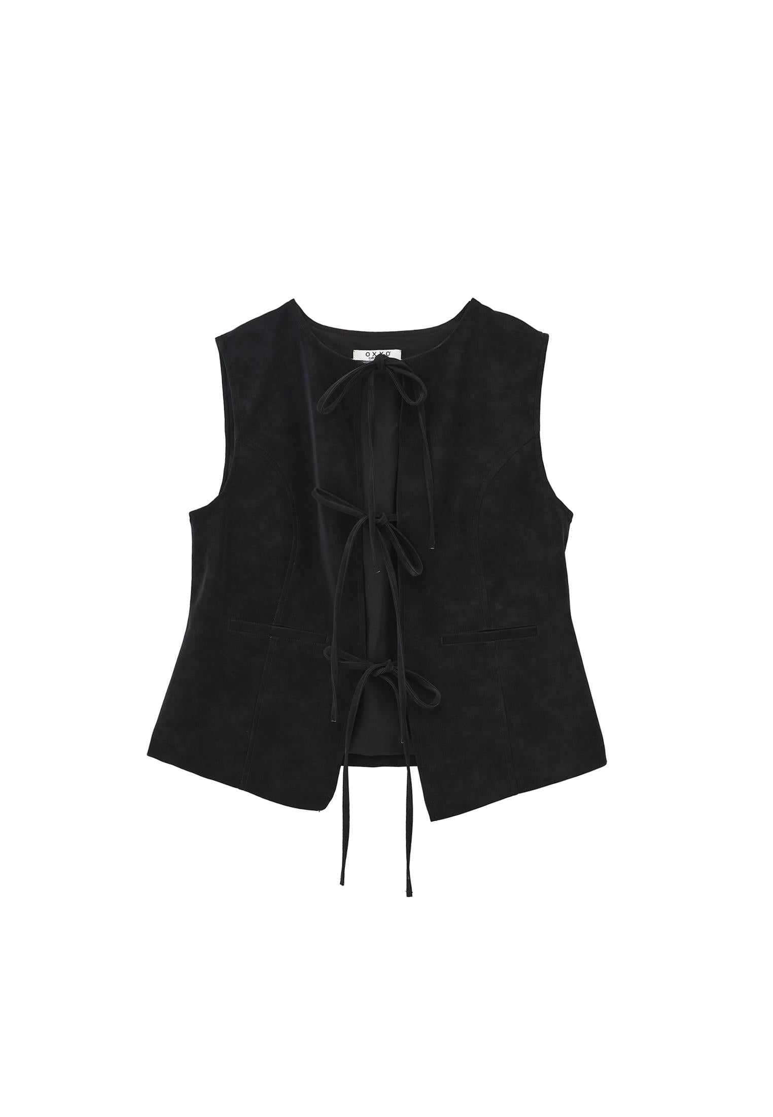 Tie Waist Suede Vest - BLACK