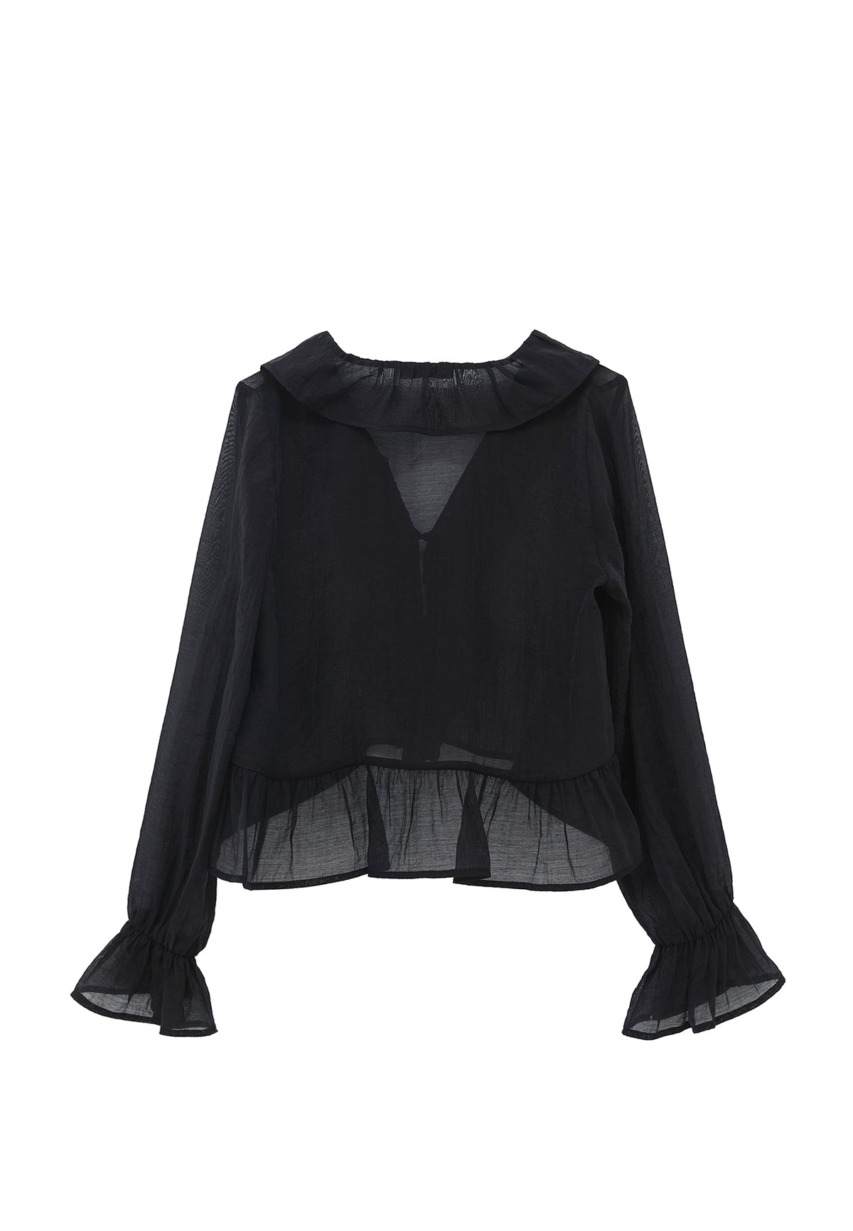 Long Sleeved Ruffled Blouse - BLACK