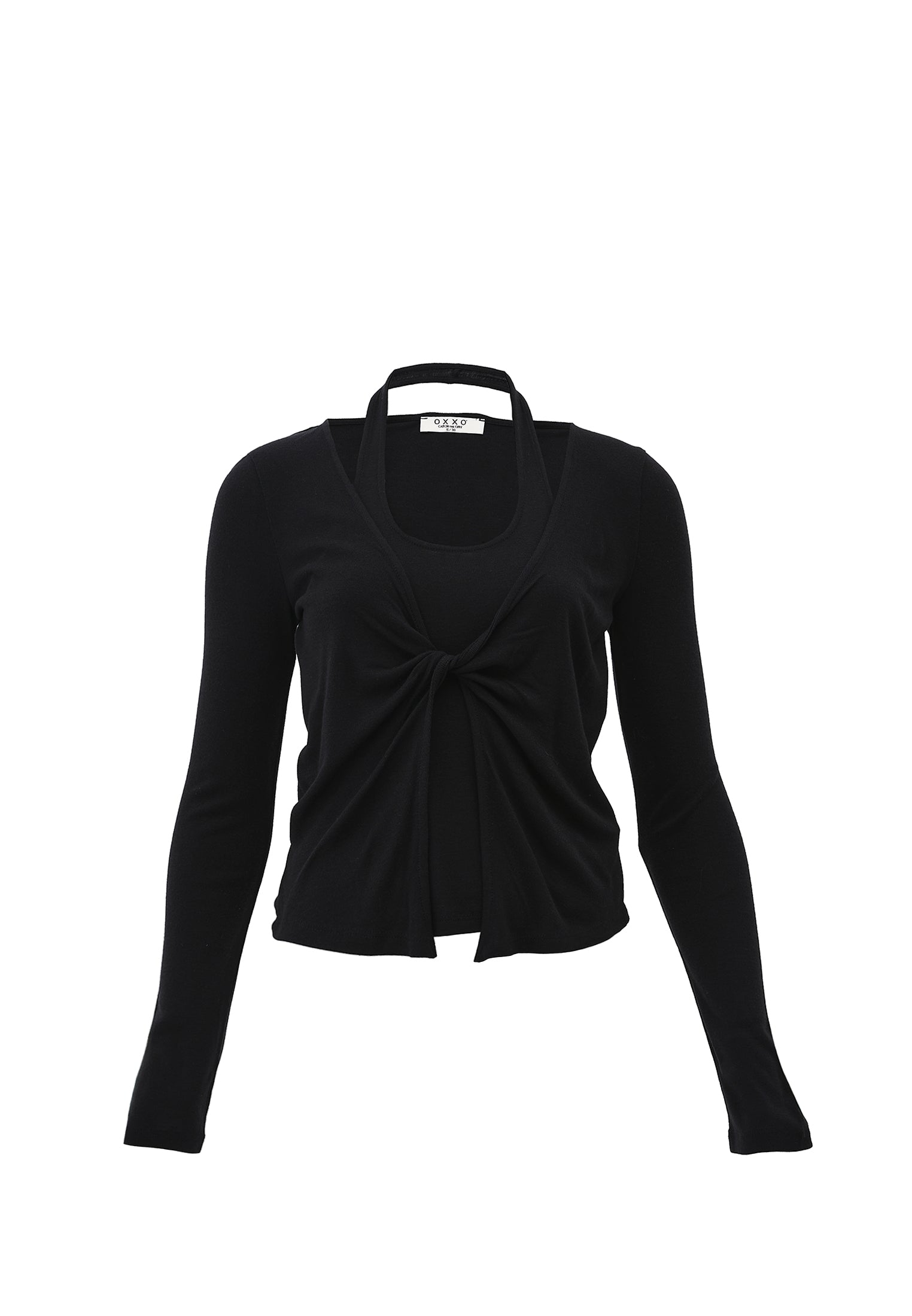 V Neck Long Sleeve T-Shirt - BLACK