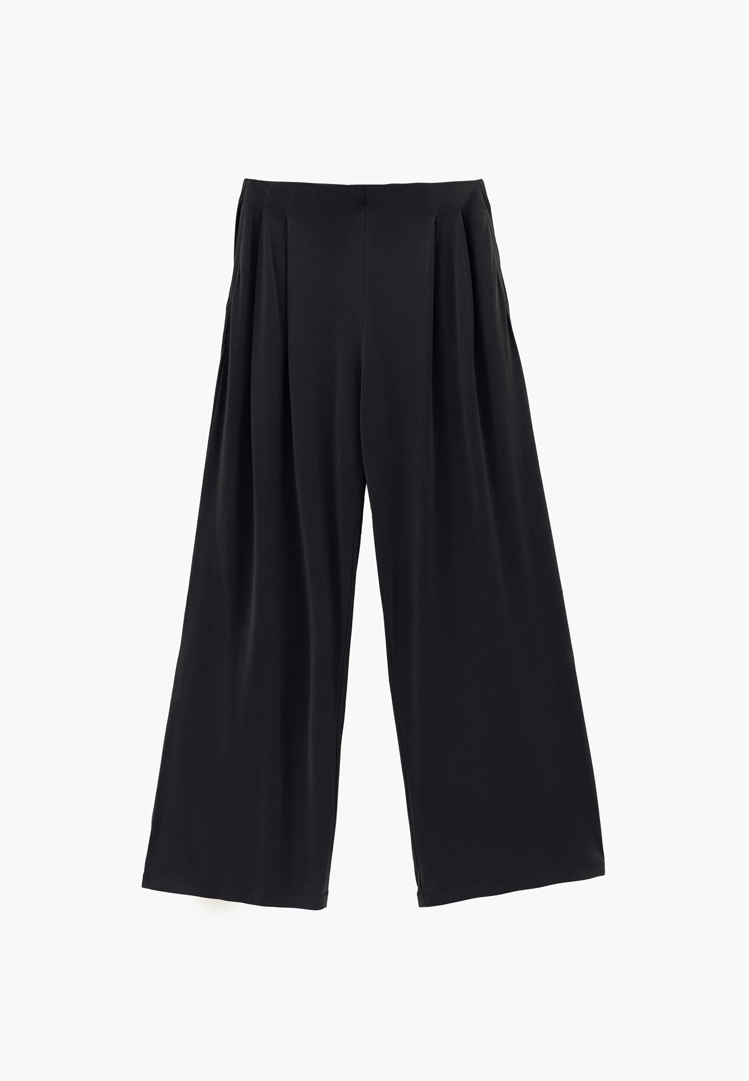 Wide Leg Elastic Waist Pants - BLACK