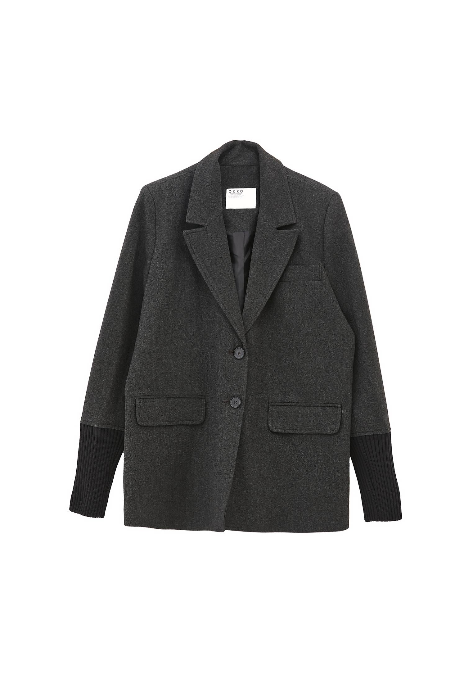 Double-Breasted Long-Sleeve Blazer Jacket - BLACK