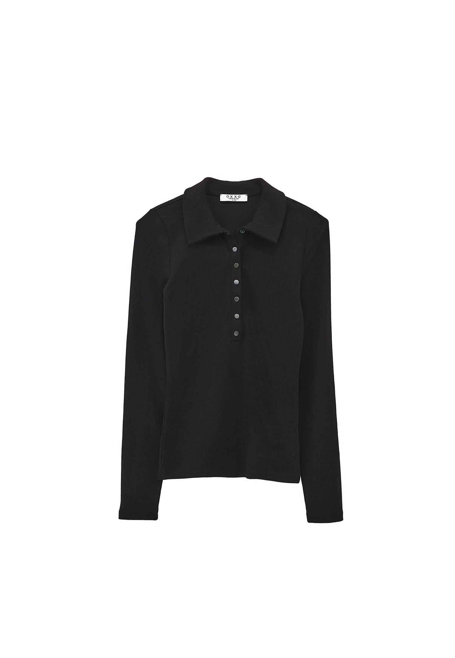 Polo Collar Long Sleeve Bodycon T-Shirt - BLACK