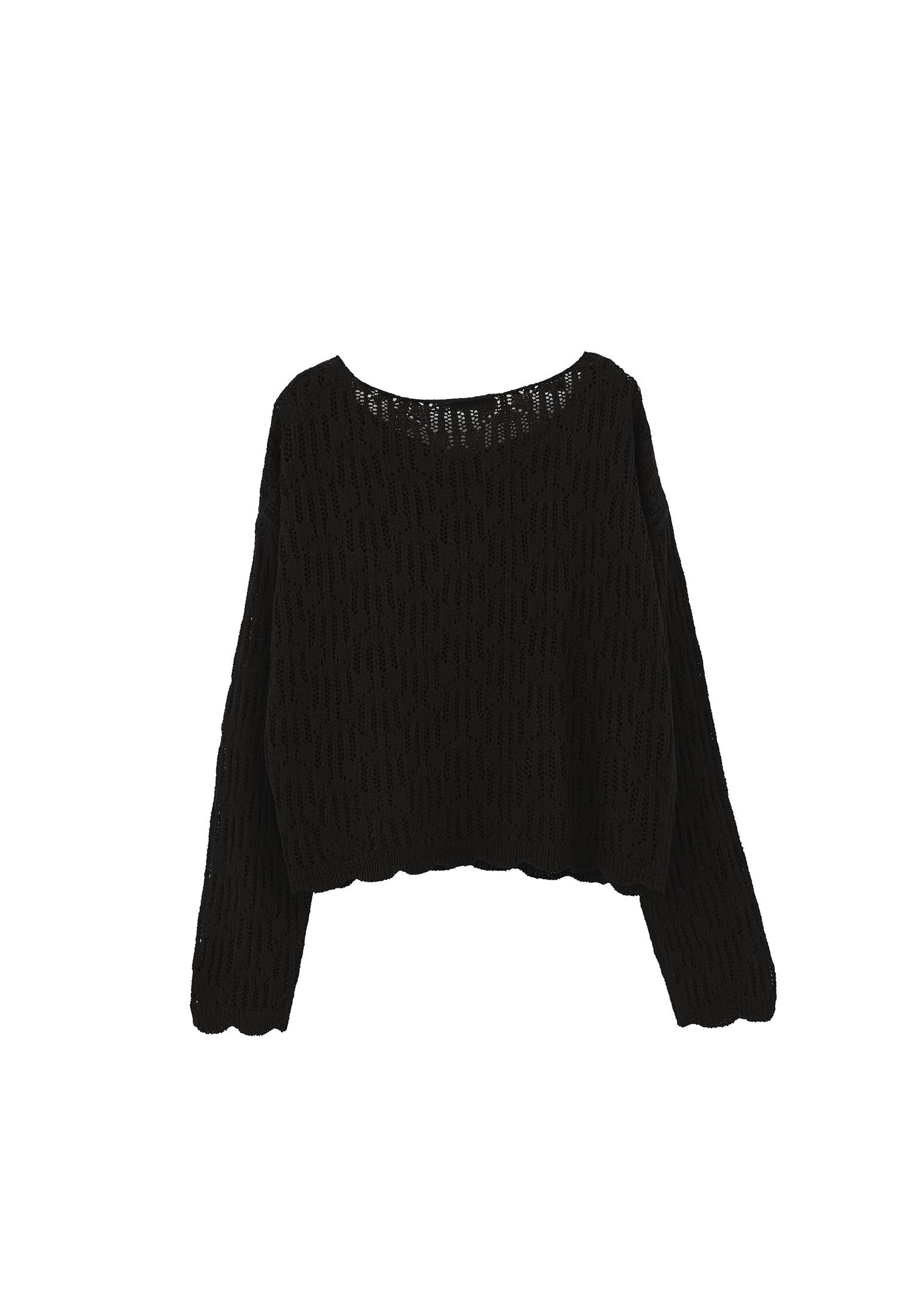 Openwork Boat Neck Sweater - BLACK