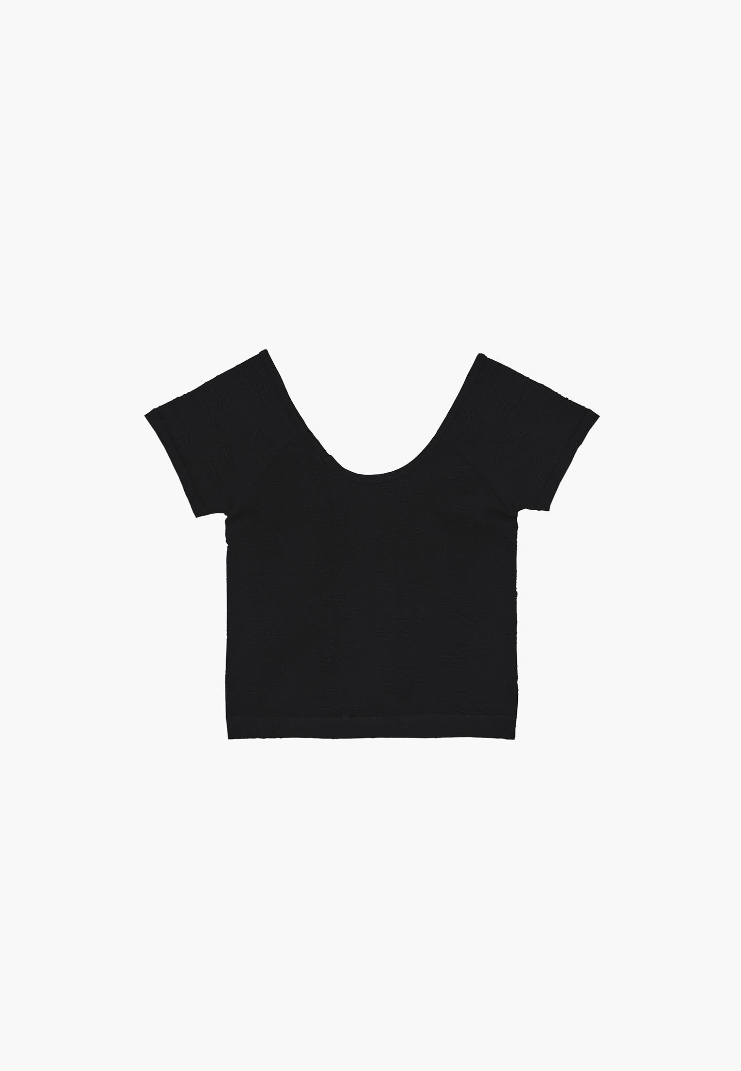 Wide Neck Short Sleeve Bodycon T-Shirt - BLACK