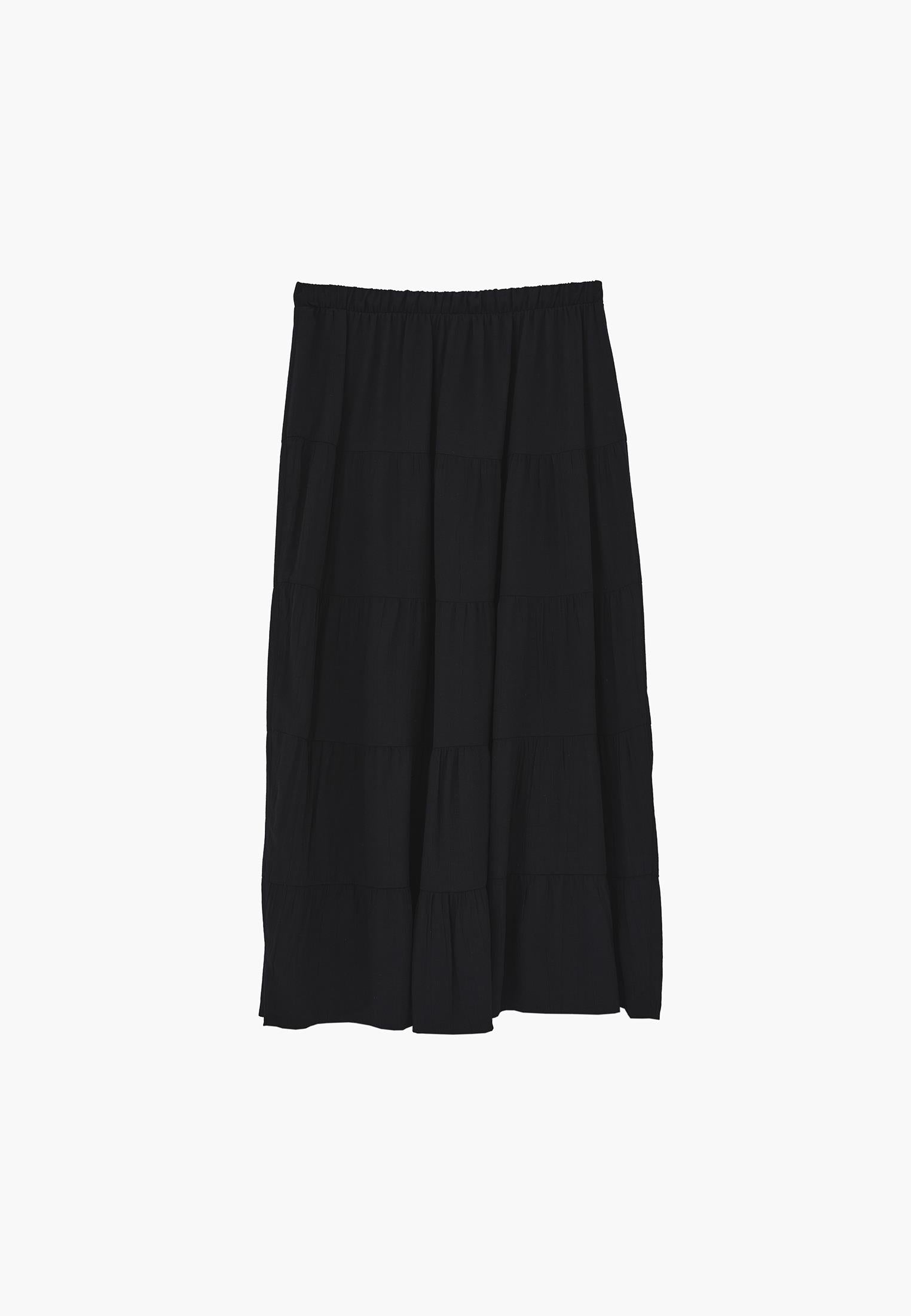 High Waist Ruched Midi Skirt - BLACK