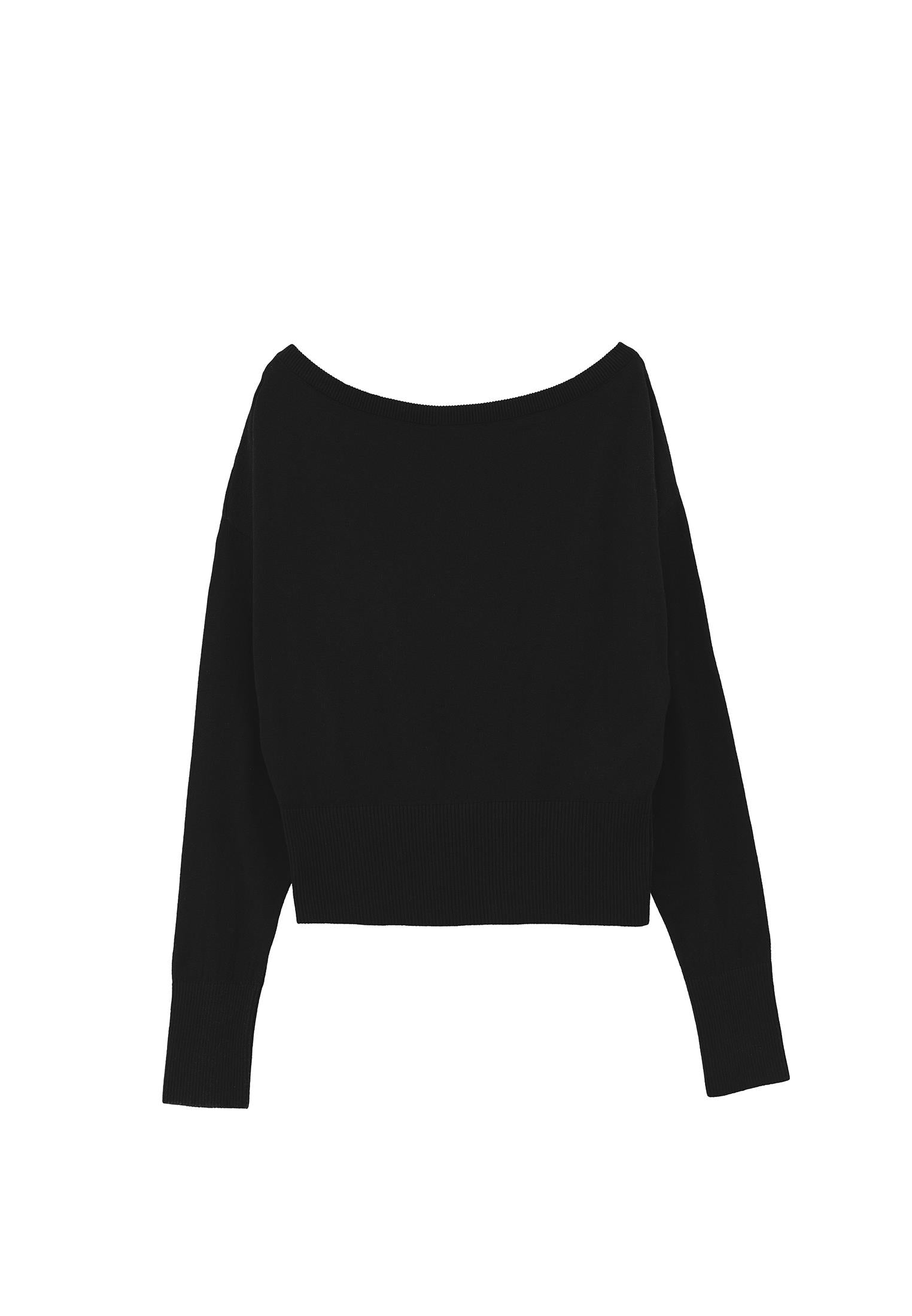 Boat Neck Long Sleeve Sweater - BLACK
