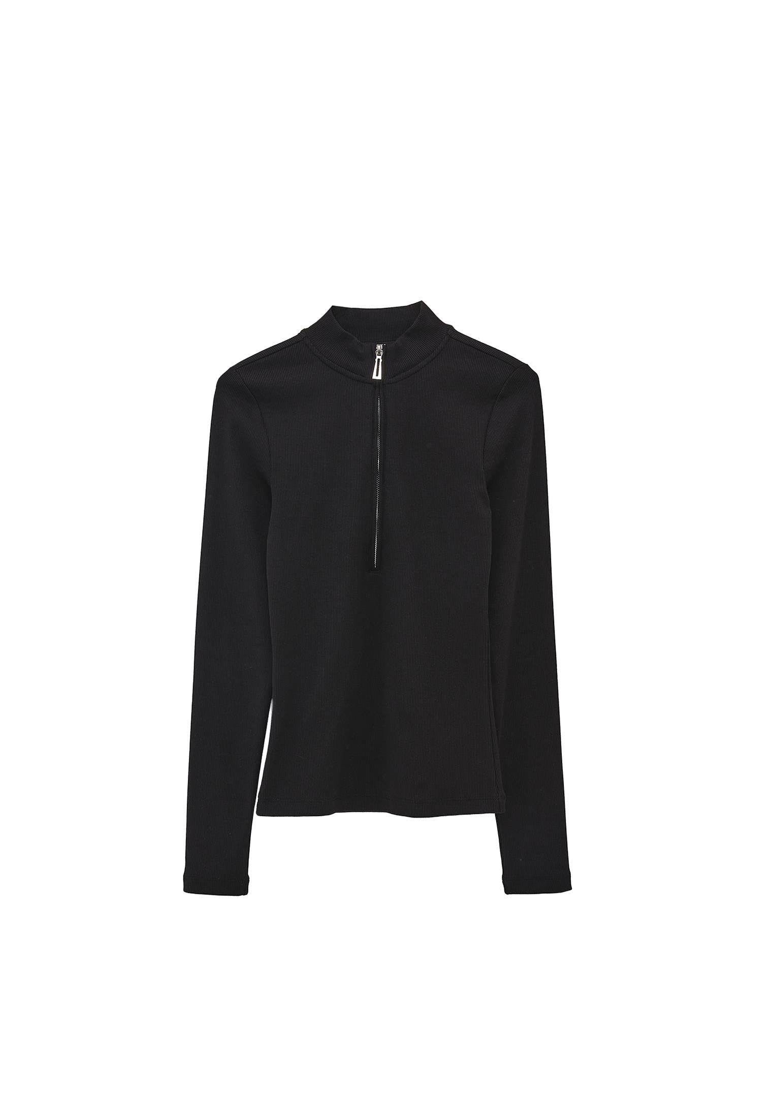High Neck T-Shirt With Zipper Detail - BLACK