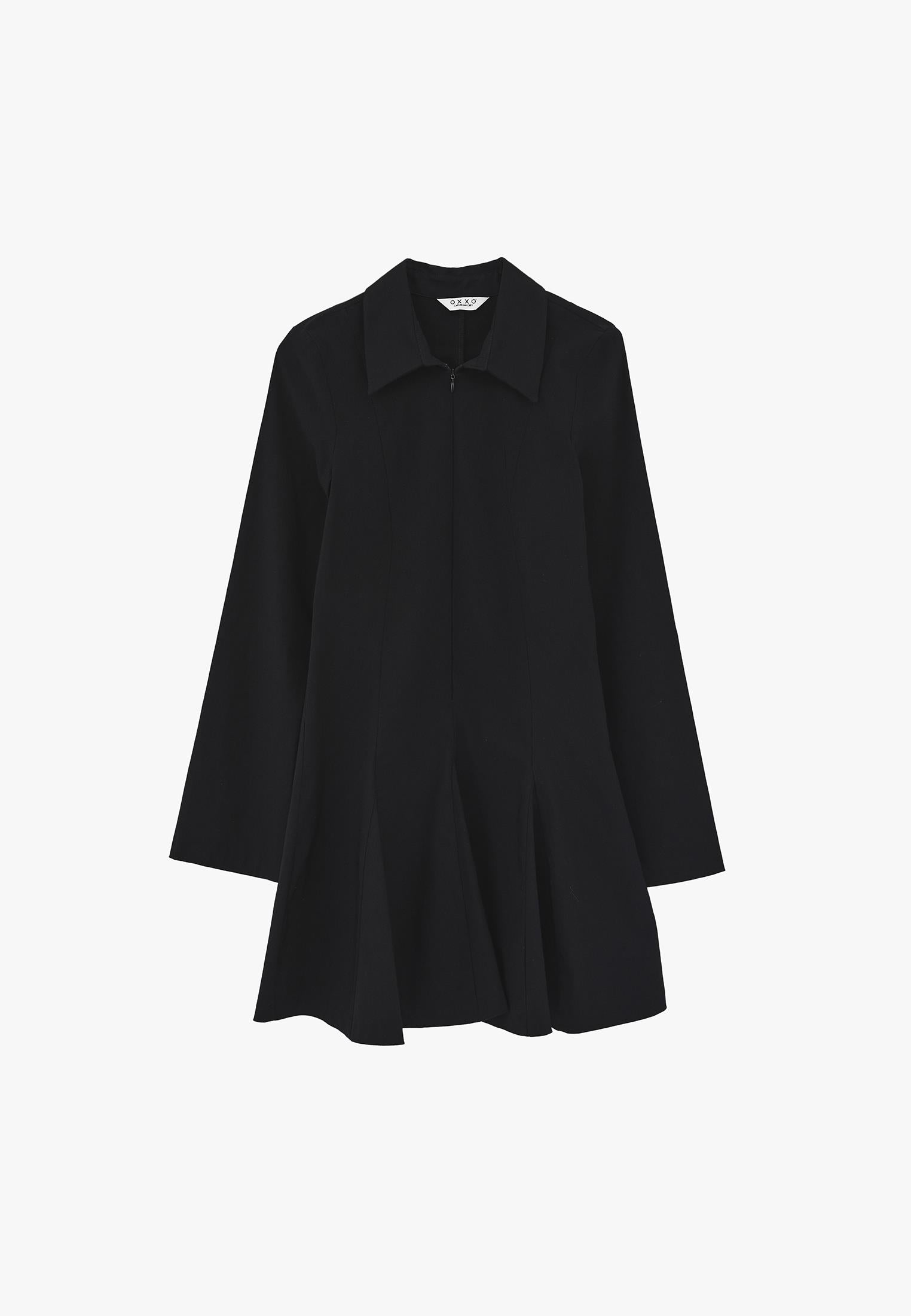 Short Dress With Shirt Collar And Zipper Detail - BLACK