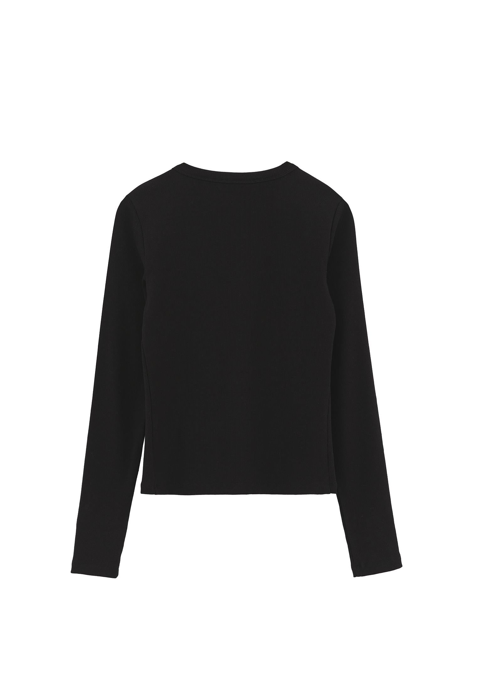 Button Detailed Crew Neck Long Sleeve T-Shirt - BLACK