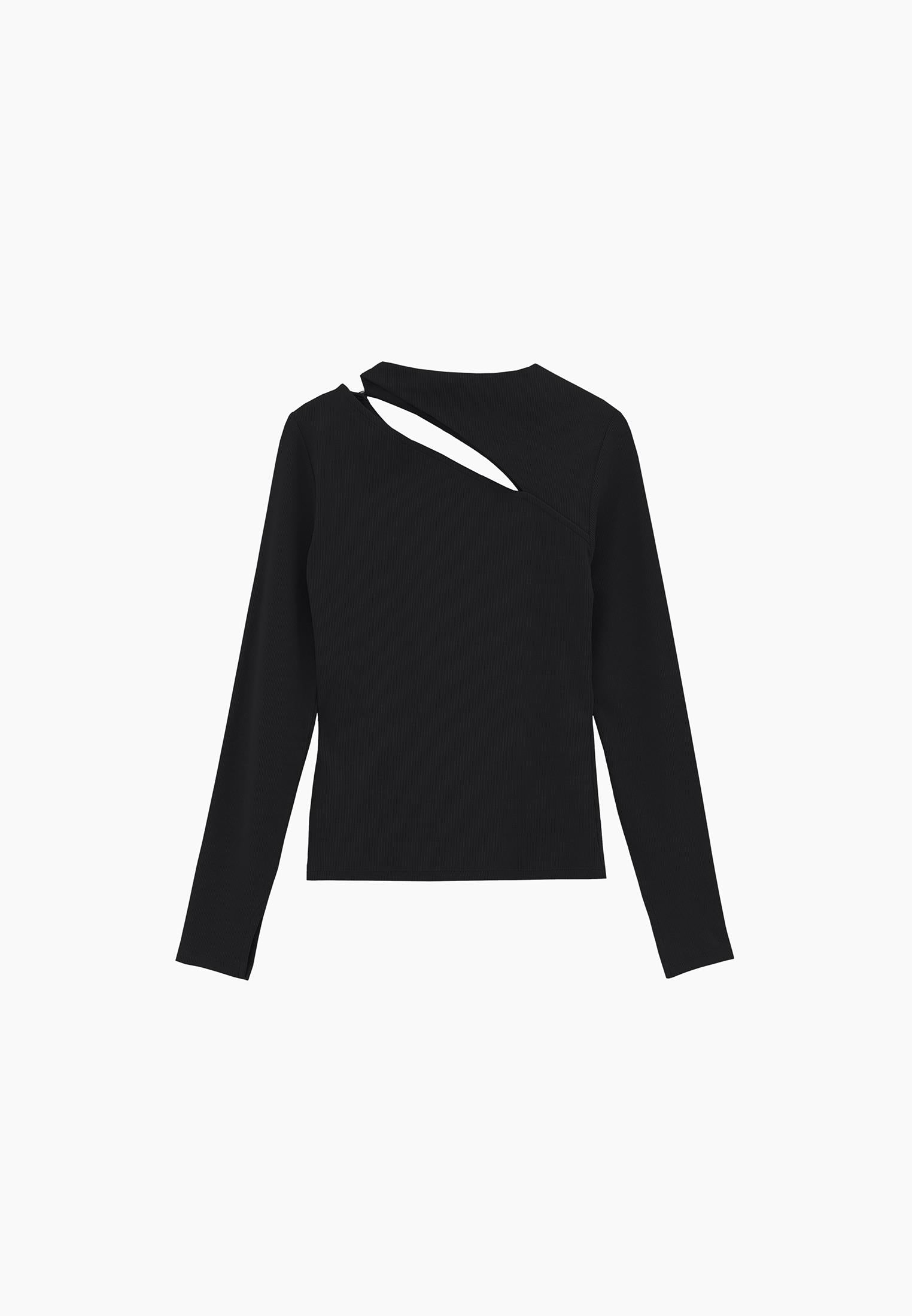 Asymmetric Cutout Long Sleeve Bodycon T-Shirt - BLACK