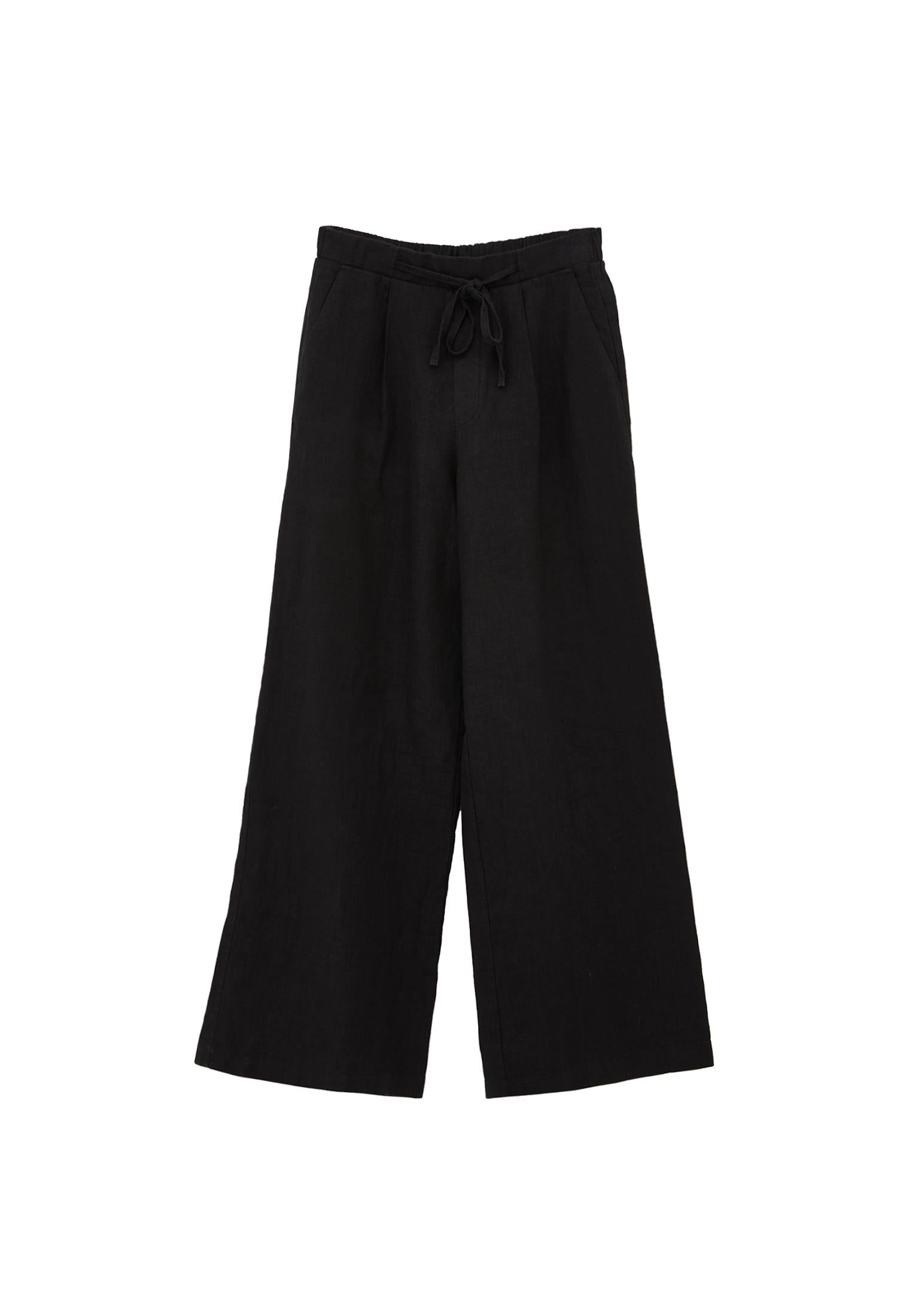 High Waist Belted Linen Wide Leg Pants - BLACK