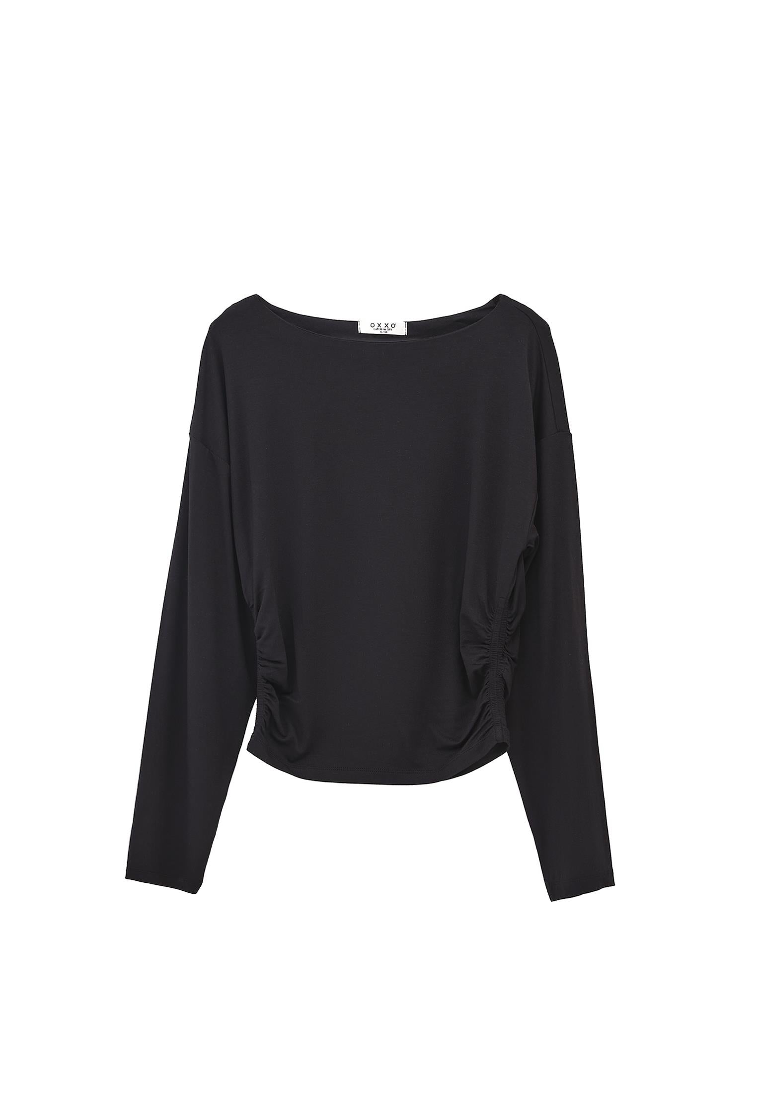 Boat Neck Long Sleeve T-Shirt - BLACK