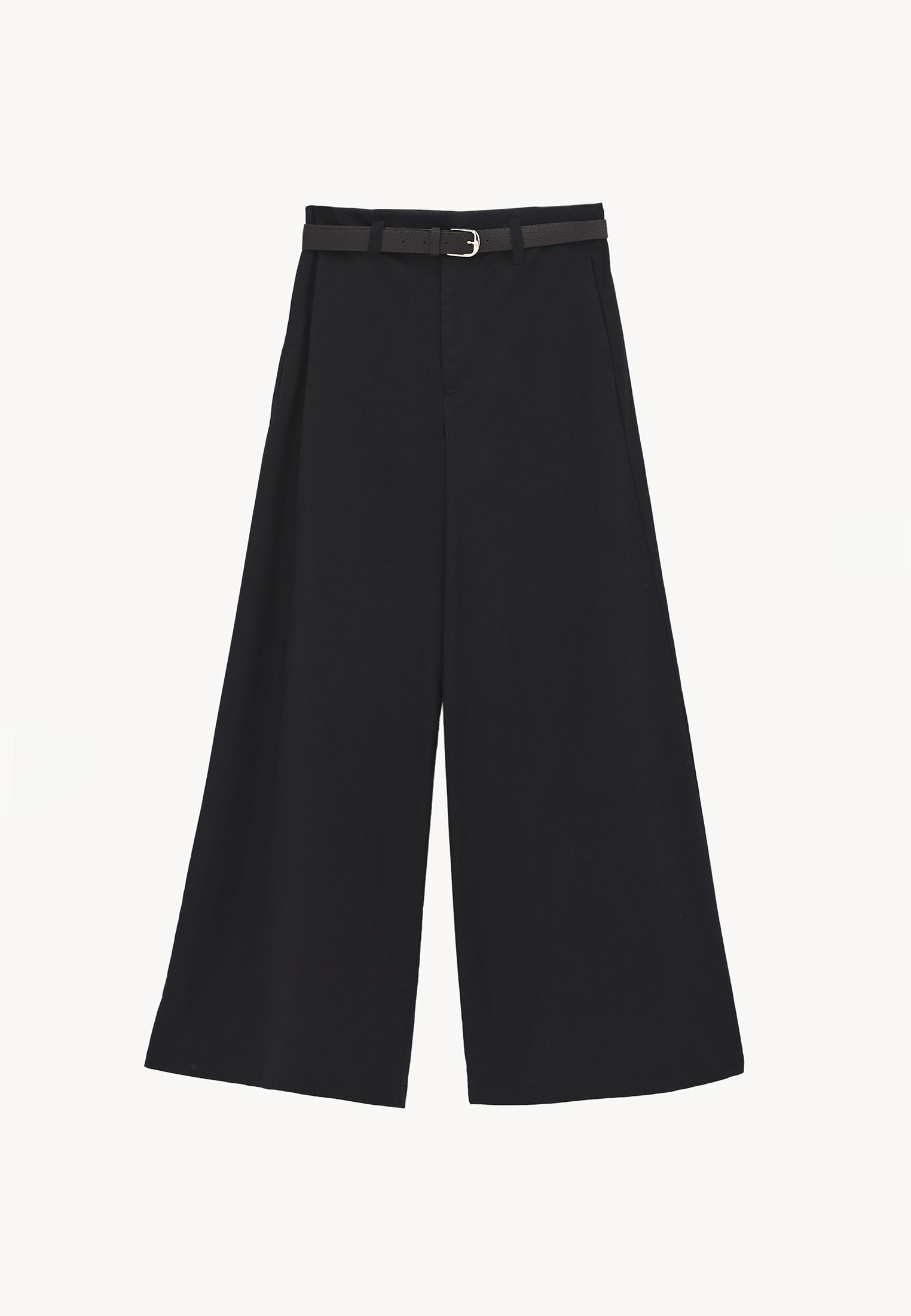 Wide Leg Ultra High Waist Belt Detailed Trousers - BLACK
