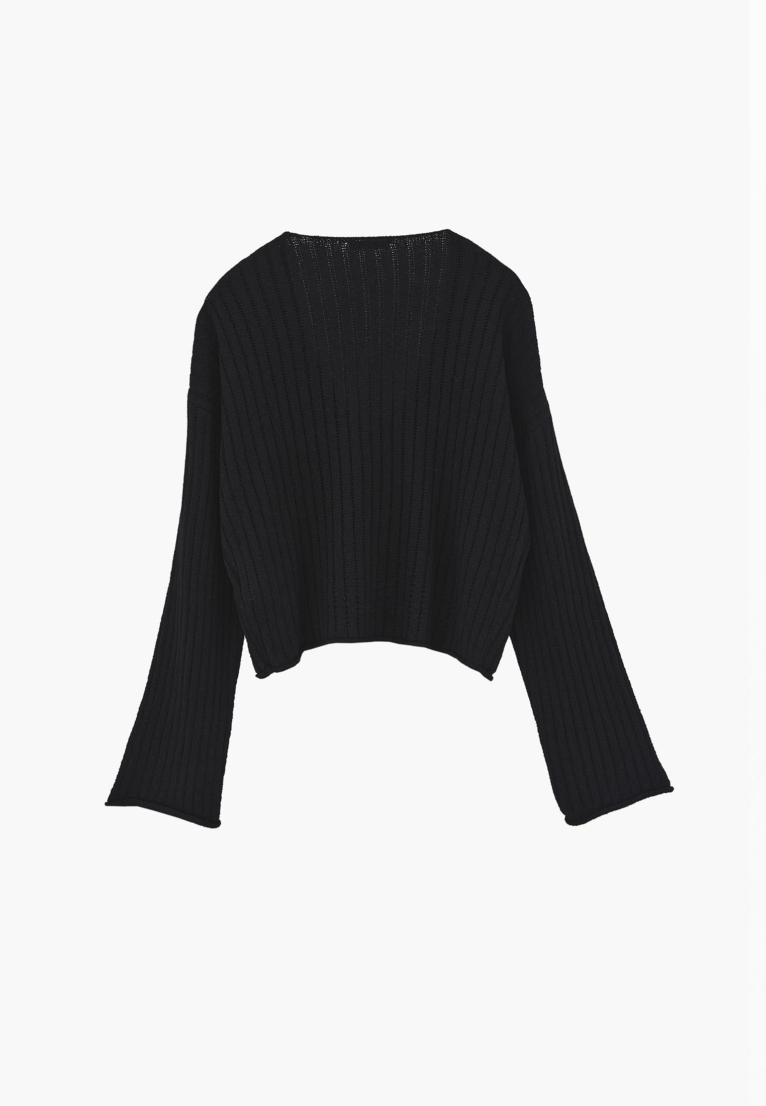 Ribbed V-Neck Long Sleeve Sweater - BLACK