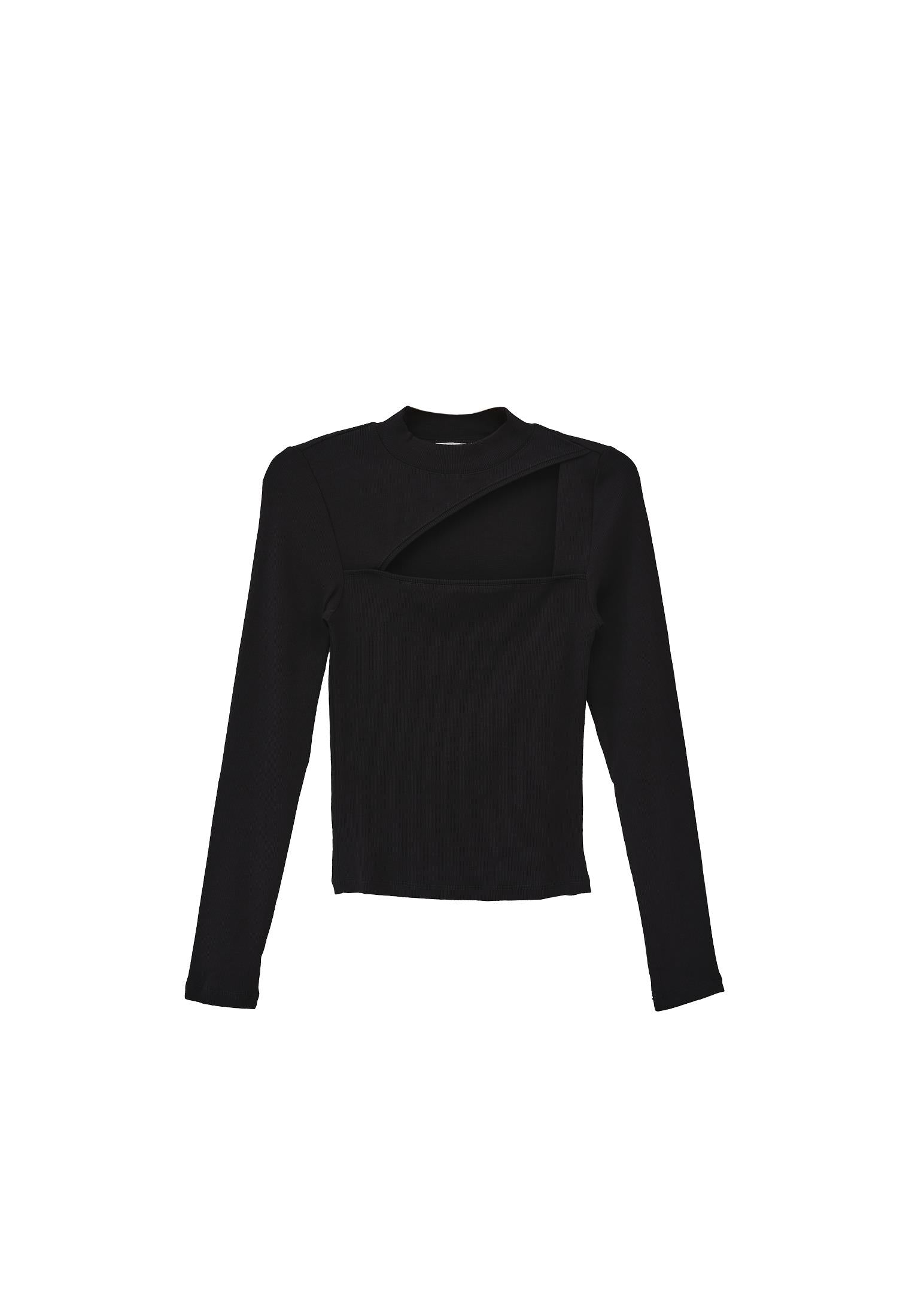 High Neck Long Sleeve Bodycon T-Shirt - BLACK