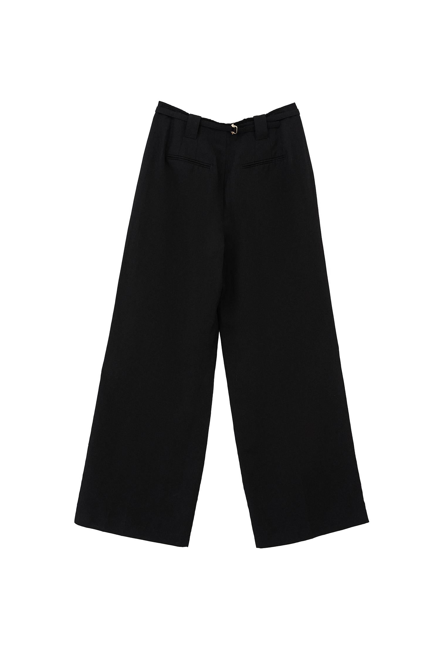 Wide Leg High Waist Button Detailed Pants - BLACK