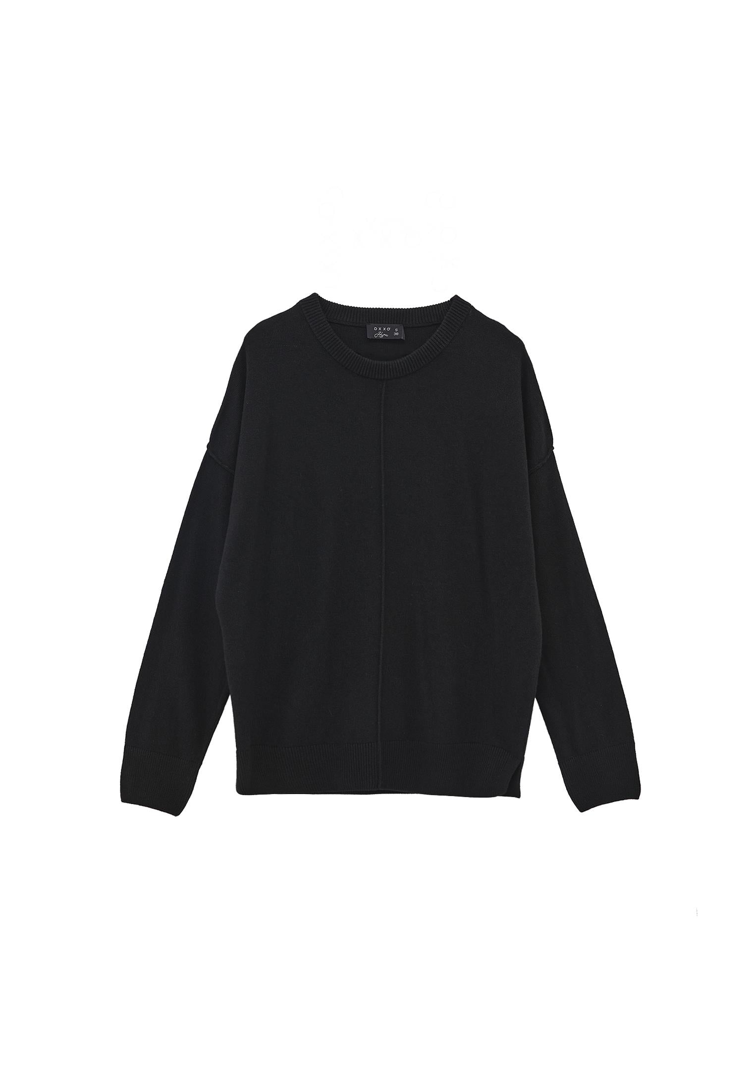 Long Sleeve Crew Neck Women's Knit Sweater - BLACK