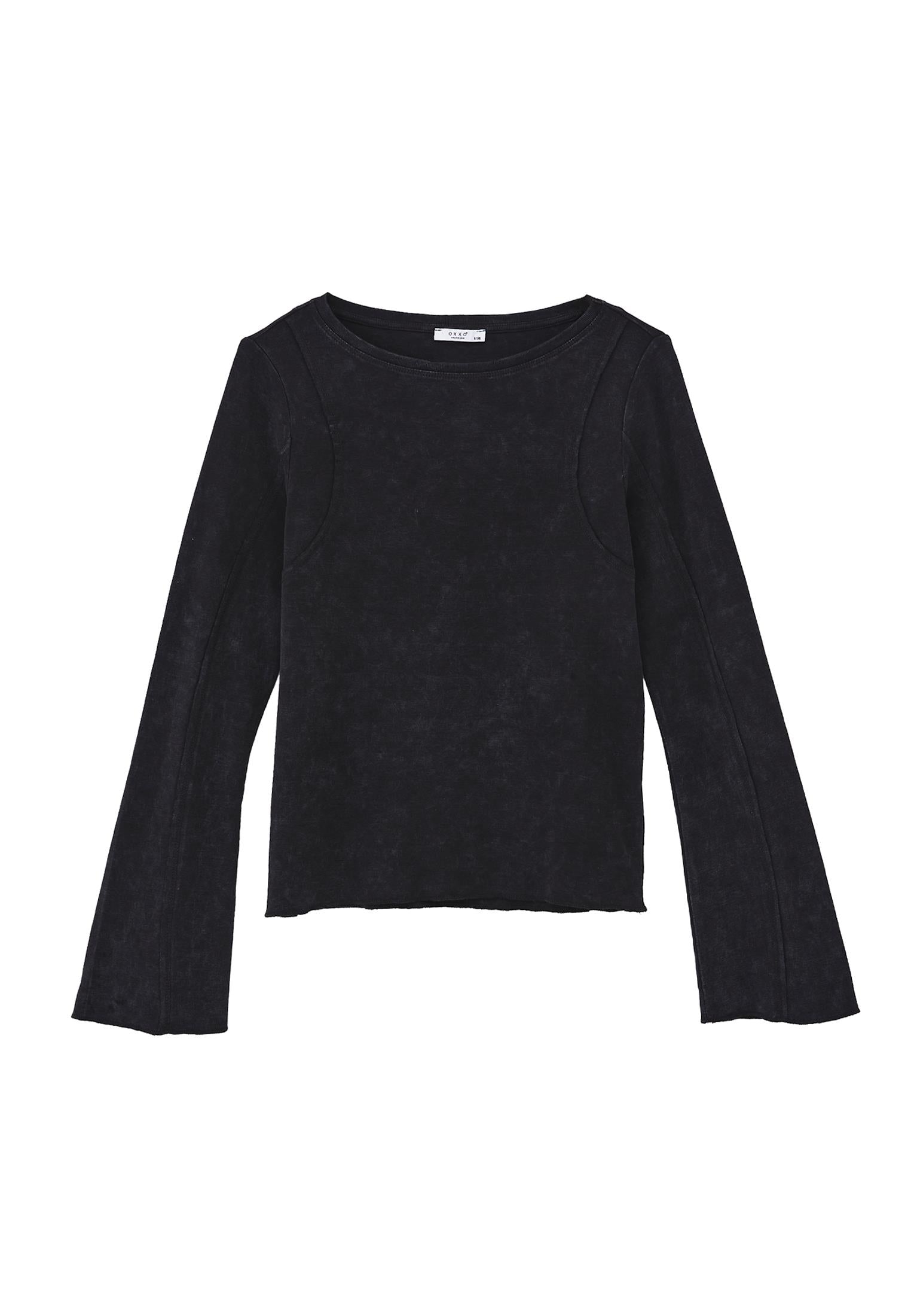 Boat Neck Long Sleeve Flared Sleeve T-Shirt - BLACK